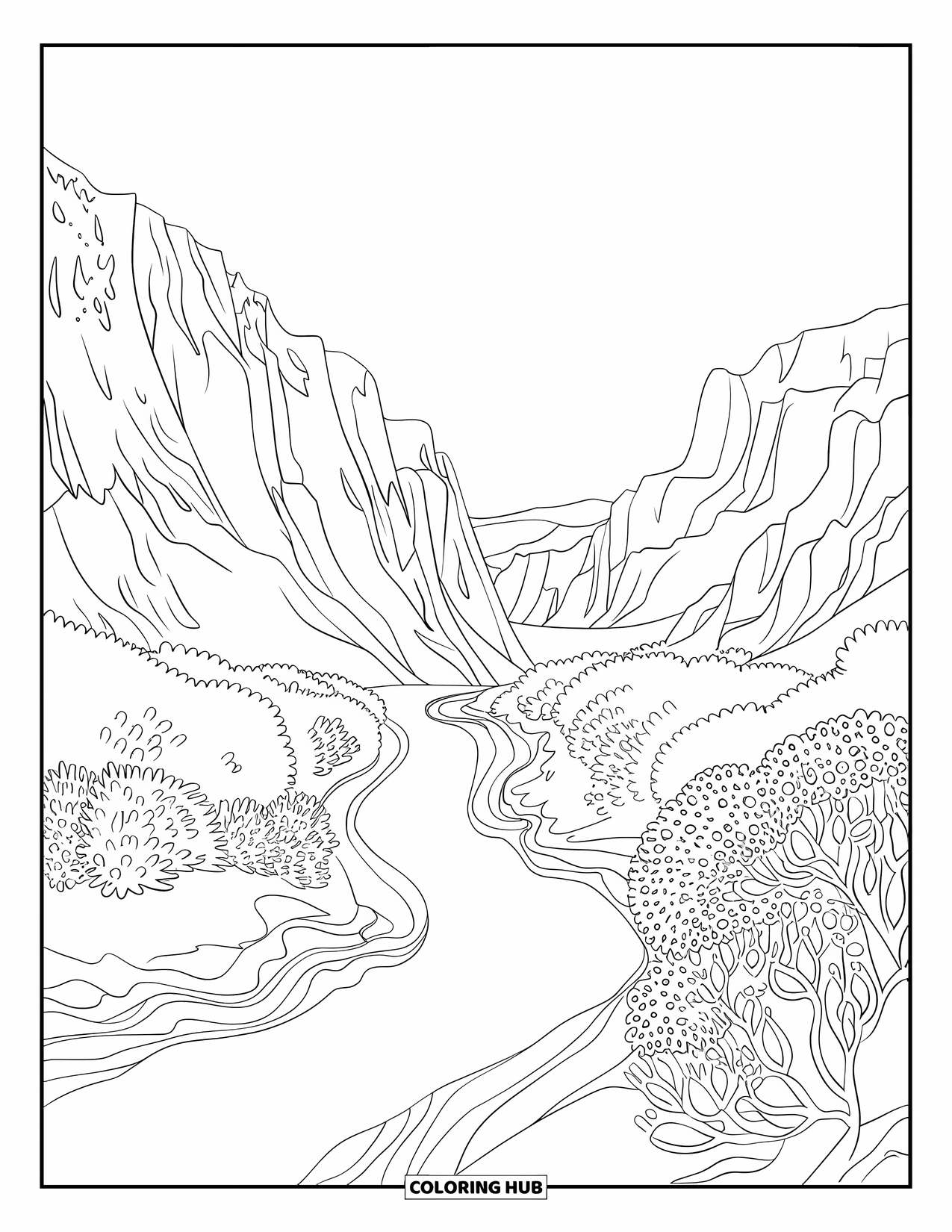 Western Country Coloring Page for Adults: A canyon river flows between steep cliffs and bushes in a wide, open landscape