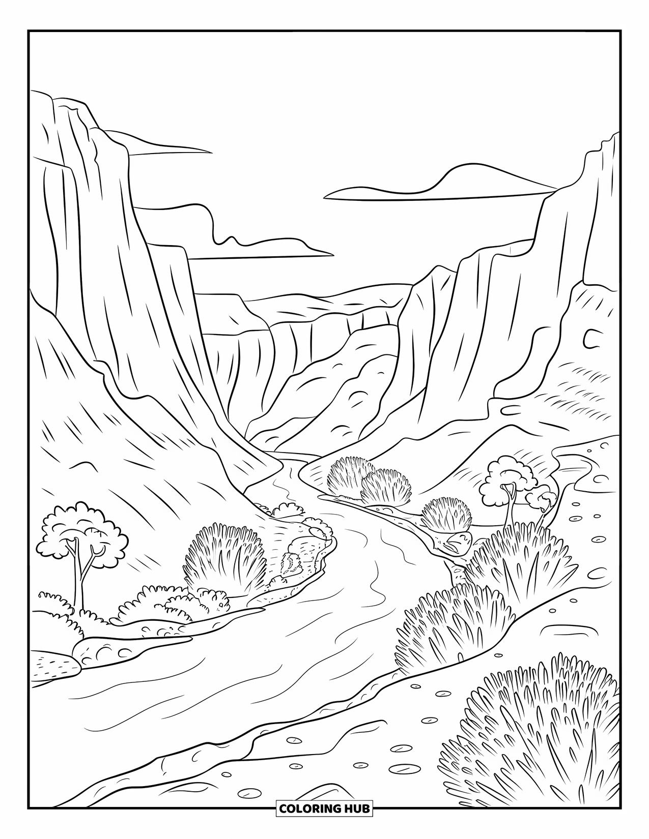 Western Country Coloring Page for Adults: A canyon river winds through cliffs, rocks, and dry bushes under a sunny sky