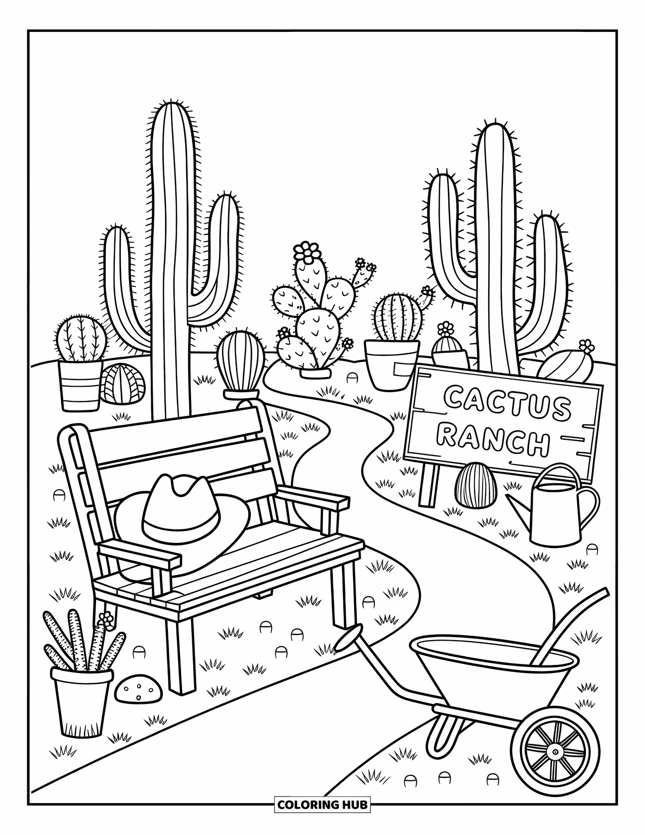 Western Country Coloring Page for Adults: A cheerful cactus garden with a ranch sign, wildflowers, and playful garden props