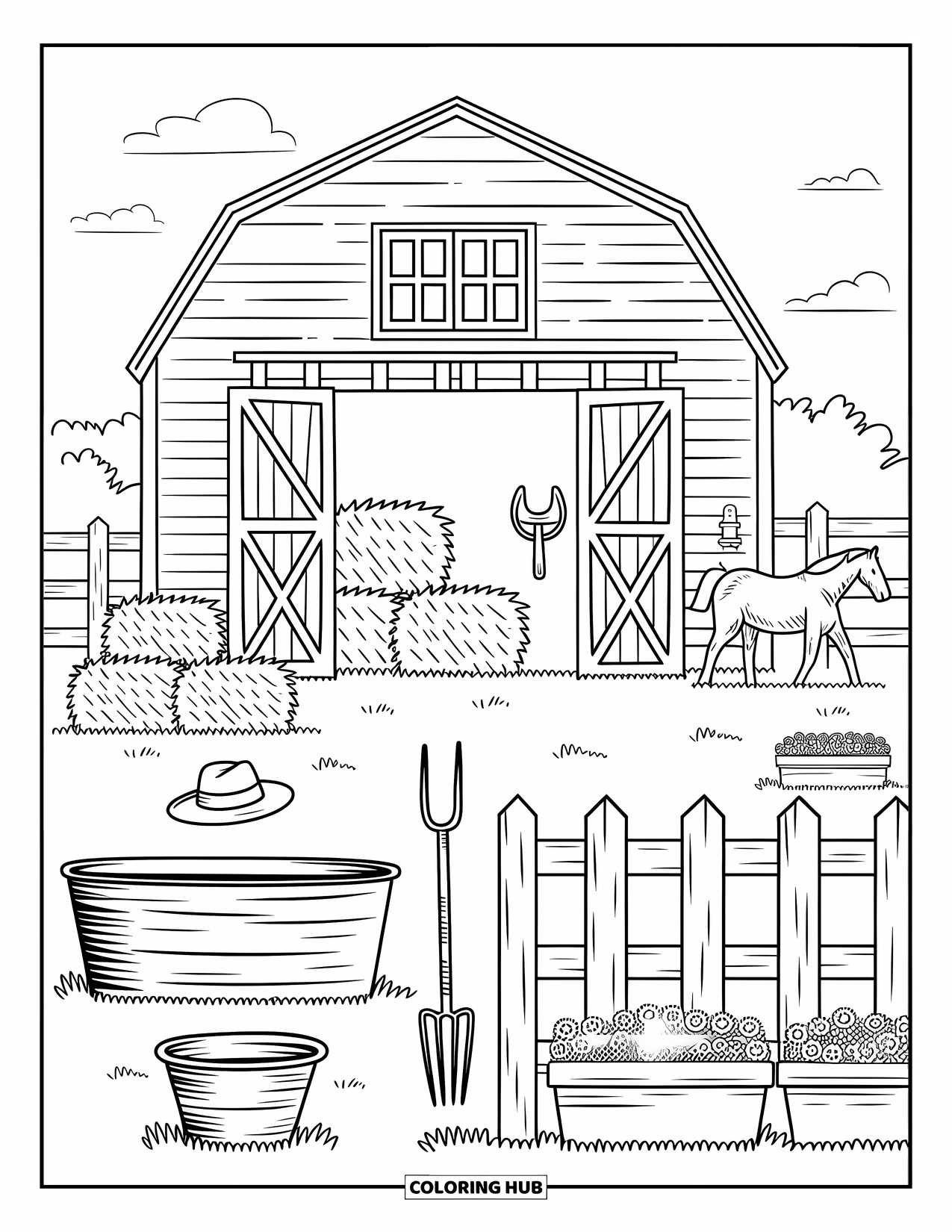 Western Country Coloring Page for Adults: A cozy barn with a trough, flowers, and a saddle inside open swing doors