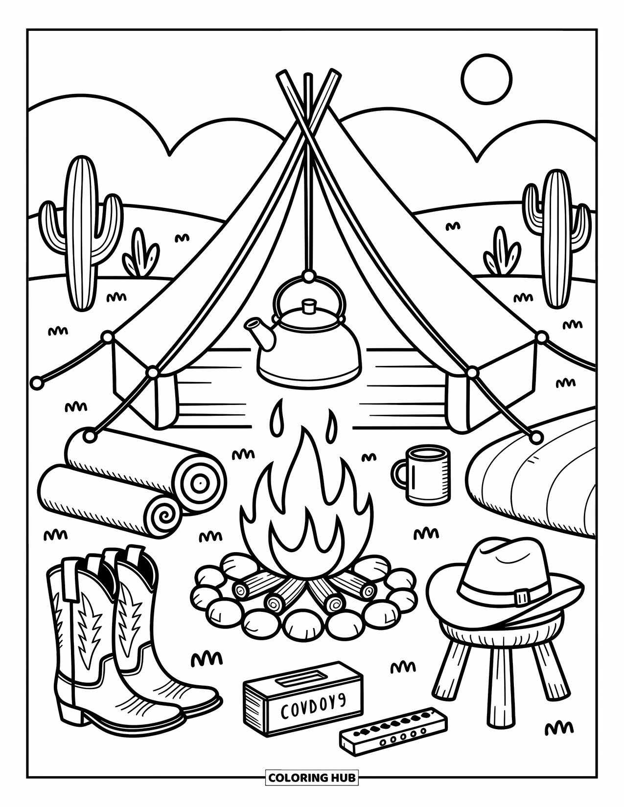 Western Country Coloring Page for Adults: A cozy tent and campfire scene with rolling hills and scattered cacti