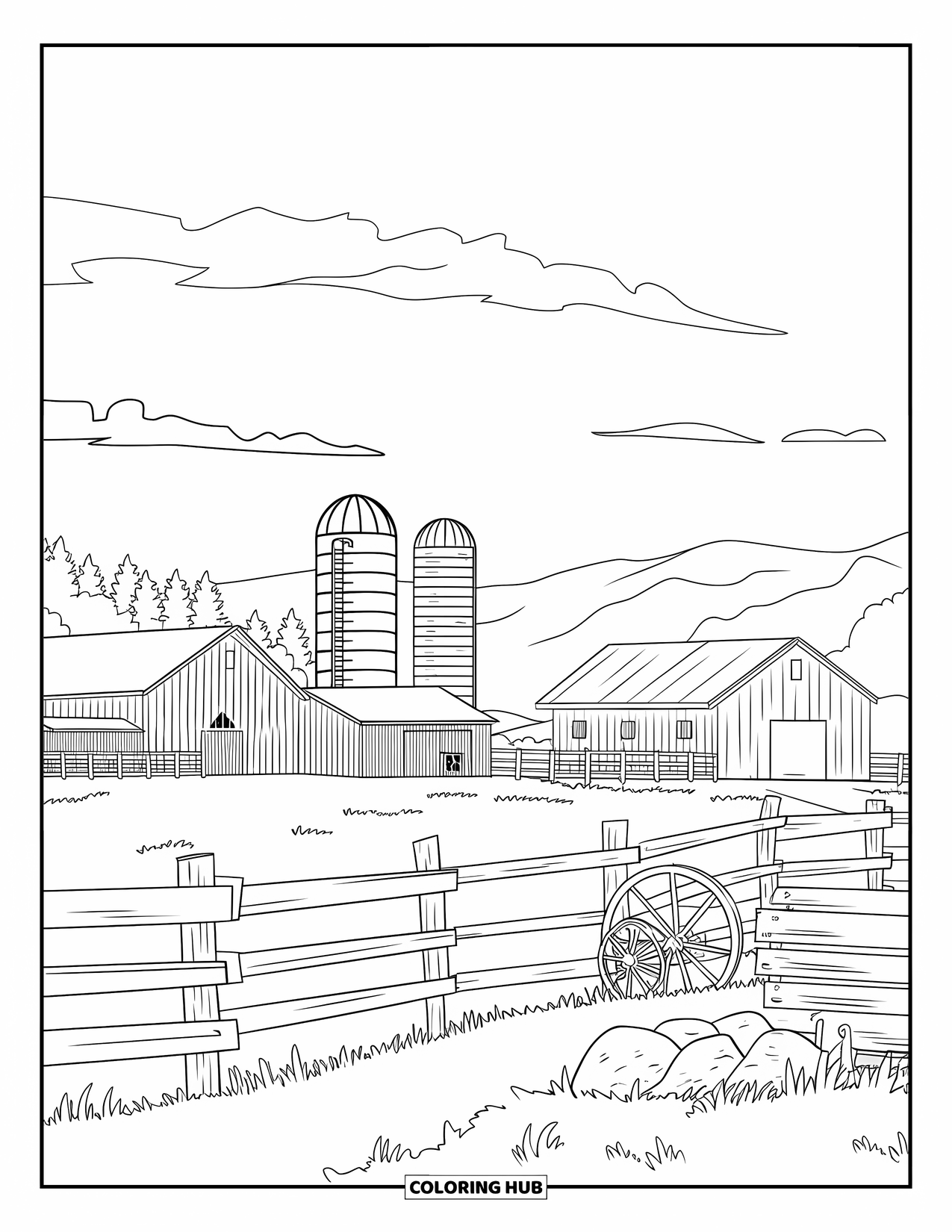 Western Country Coloring Page for Adults: A farmstead with barns, silos, and fenced fields under mountain skies