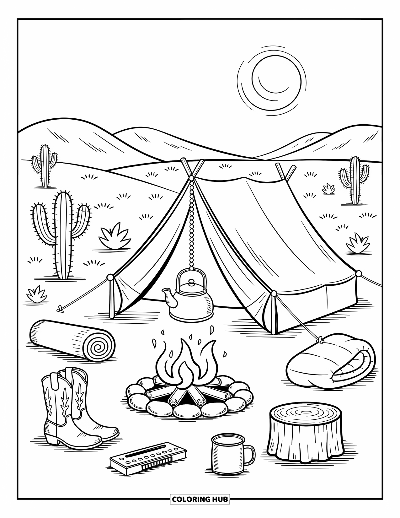 Western Country Coloring Page for Adults: A peaceful camp with a tent, warm fire, and tiny cowboy tools all around