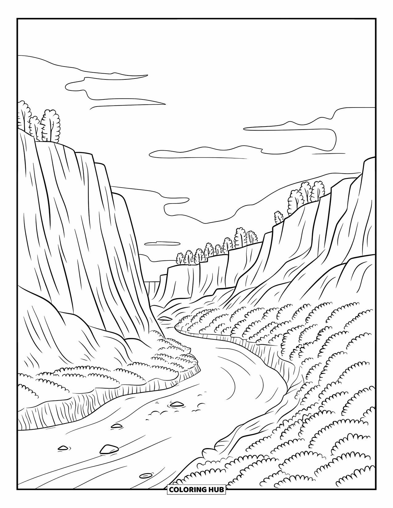 Western Country Coloring Page for Adults: A peaceful canyon river with cliffs, trees, and birds perched on rocky ledges