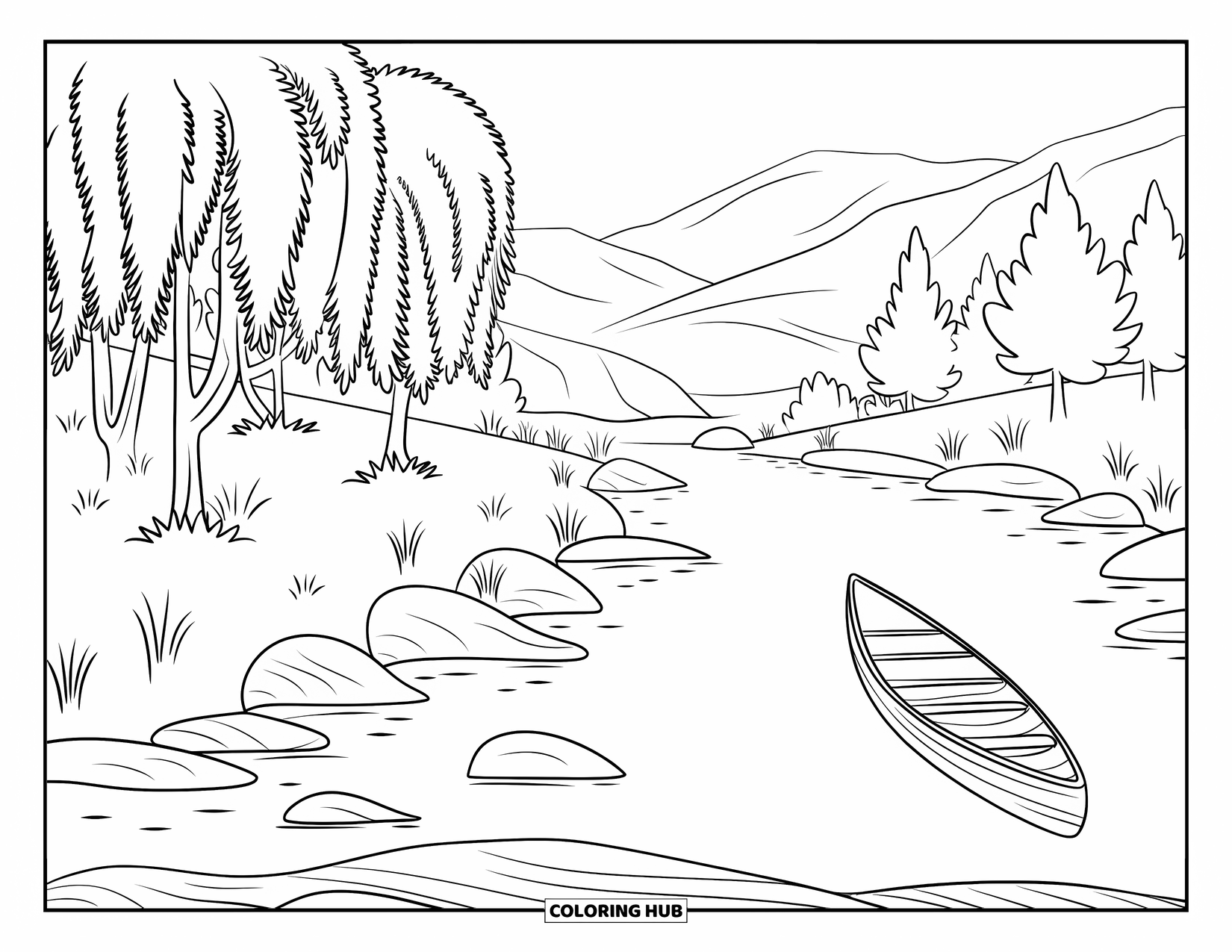 Western Country Coloring Page for Adults: A peaceful riverbank with trees, rocks, and a wooden canoe on still water