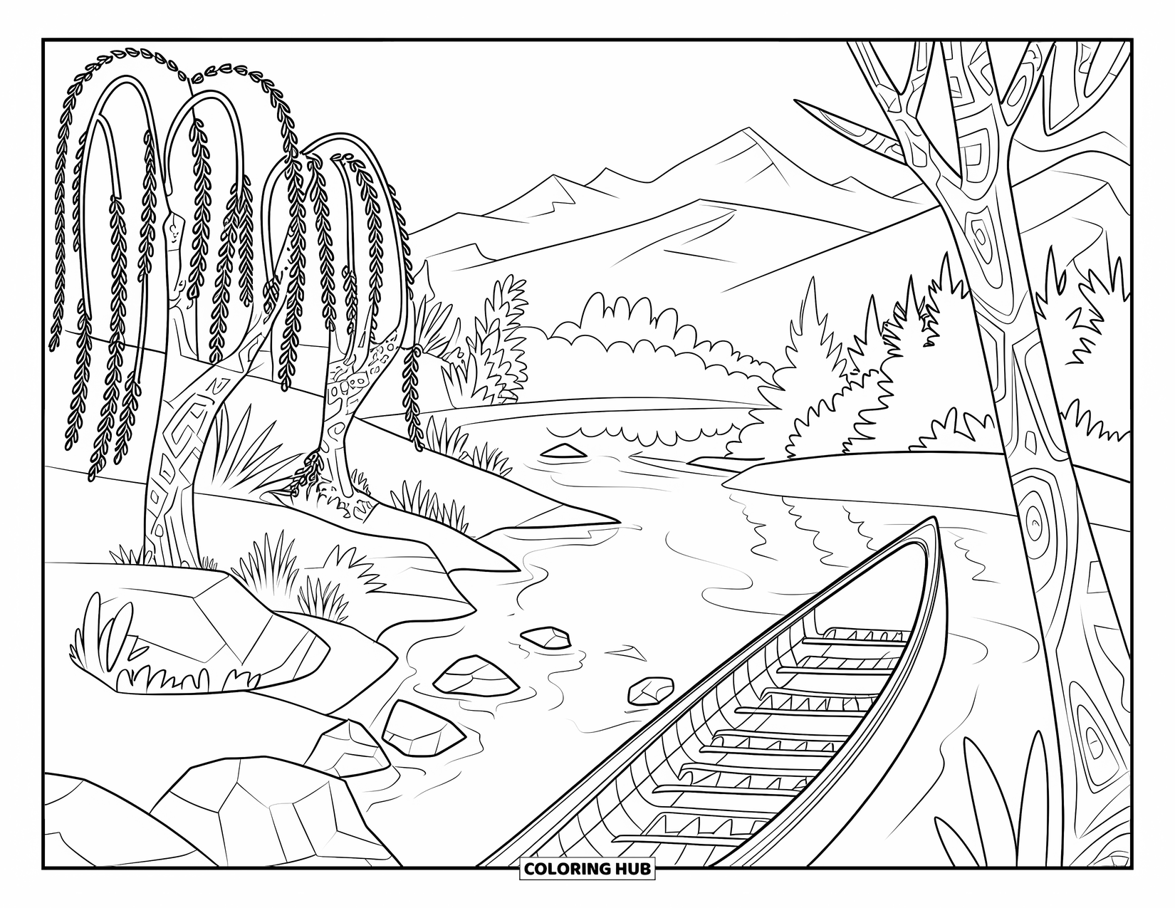 Western Country Coloring Page for Adults: A relaxing riverside scene with willows, rocks, and a wooden canoe on calm water