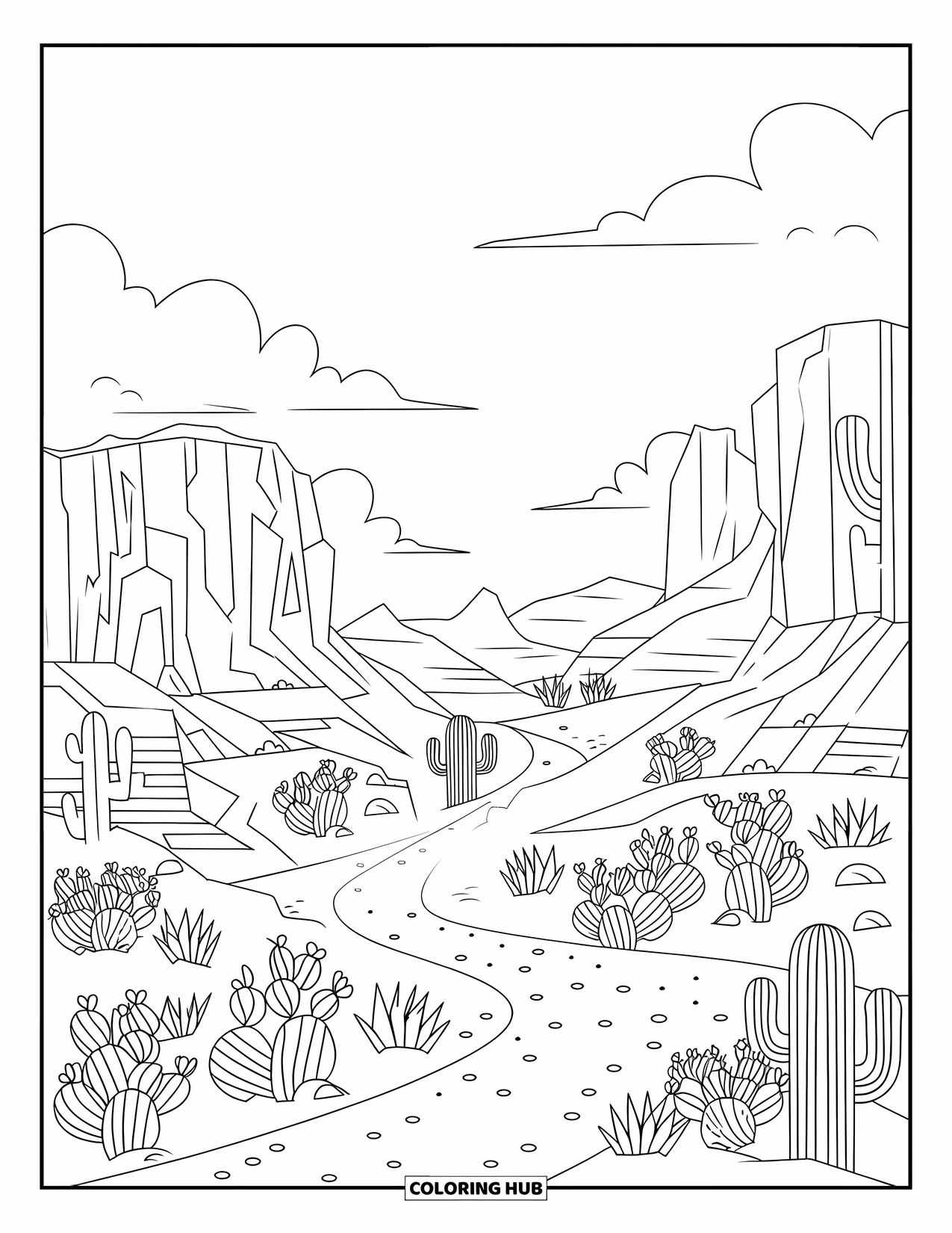 Western Country Coloring Page for Adults: A vast western land with rock formations, cacti, and soft, dusty paths
