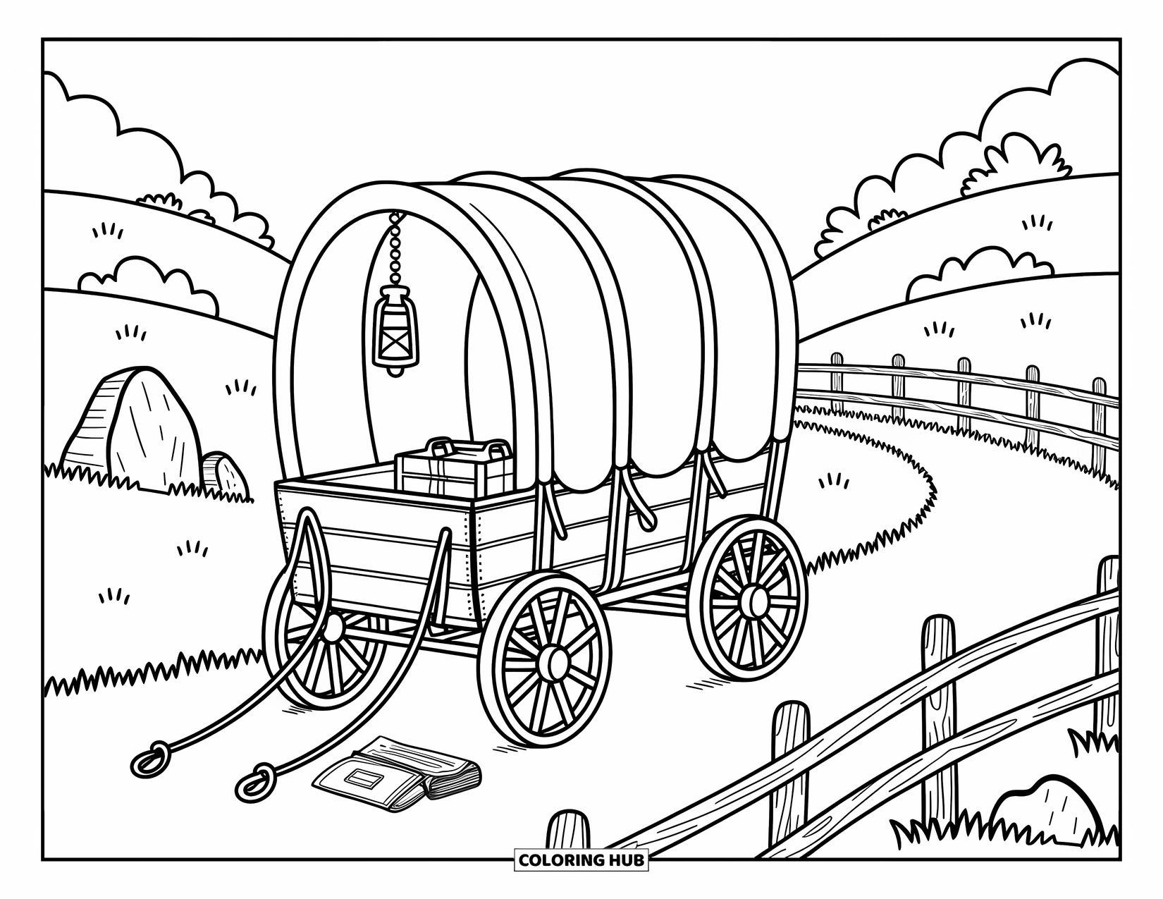 Western Country Coloring Page for Adults: A wagon scene with soft curves, rolling hills, and cozy little trail items