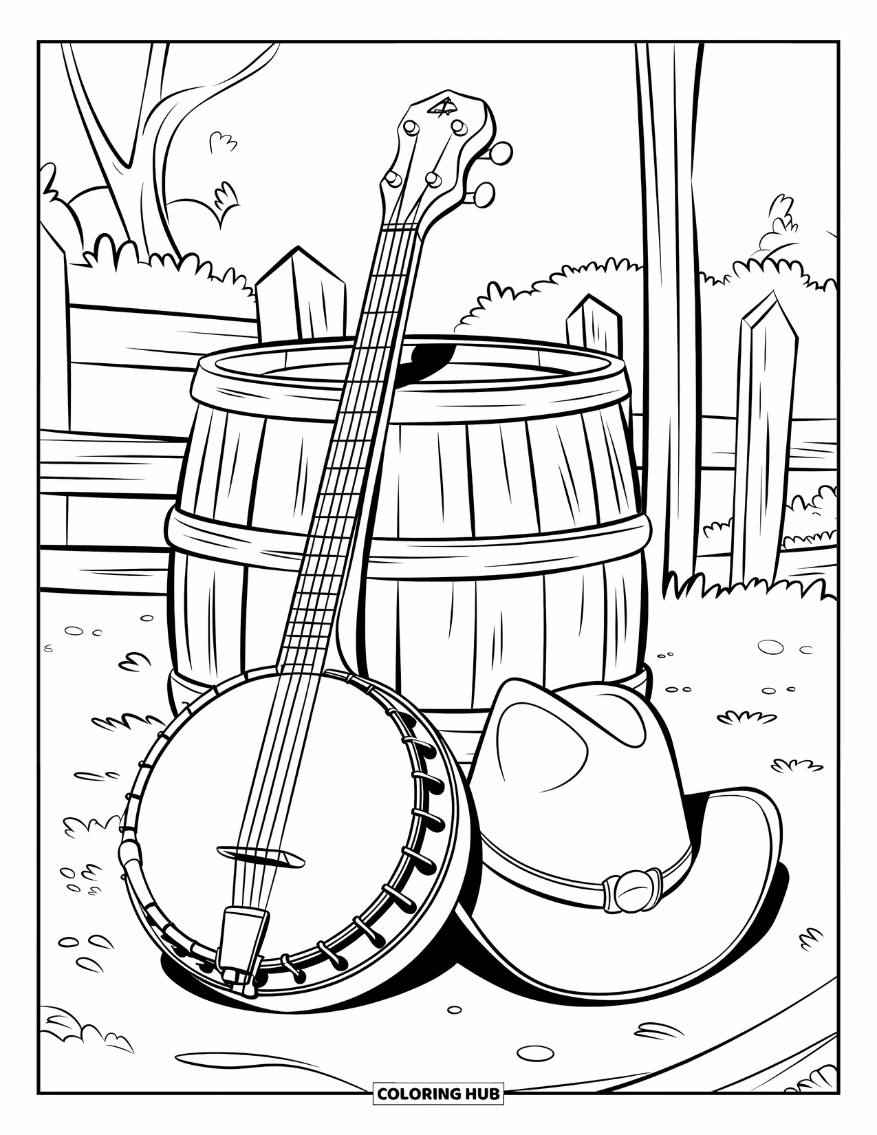Western Country Coloring Page for Kids: A banjo and cowboy hat sit together in a quiet western setting