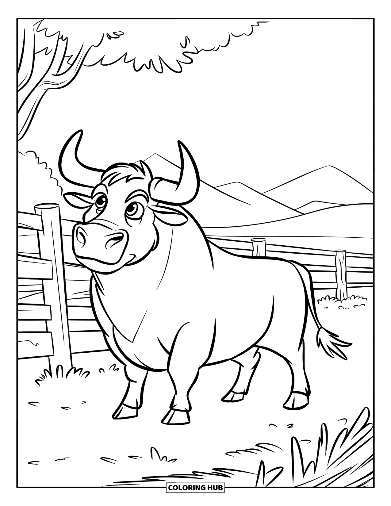 Western Country Coloring Page for Kids: A bold bull stands in an open ranch with trees and mountains behind