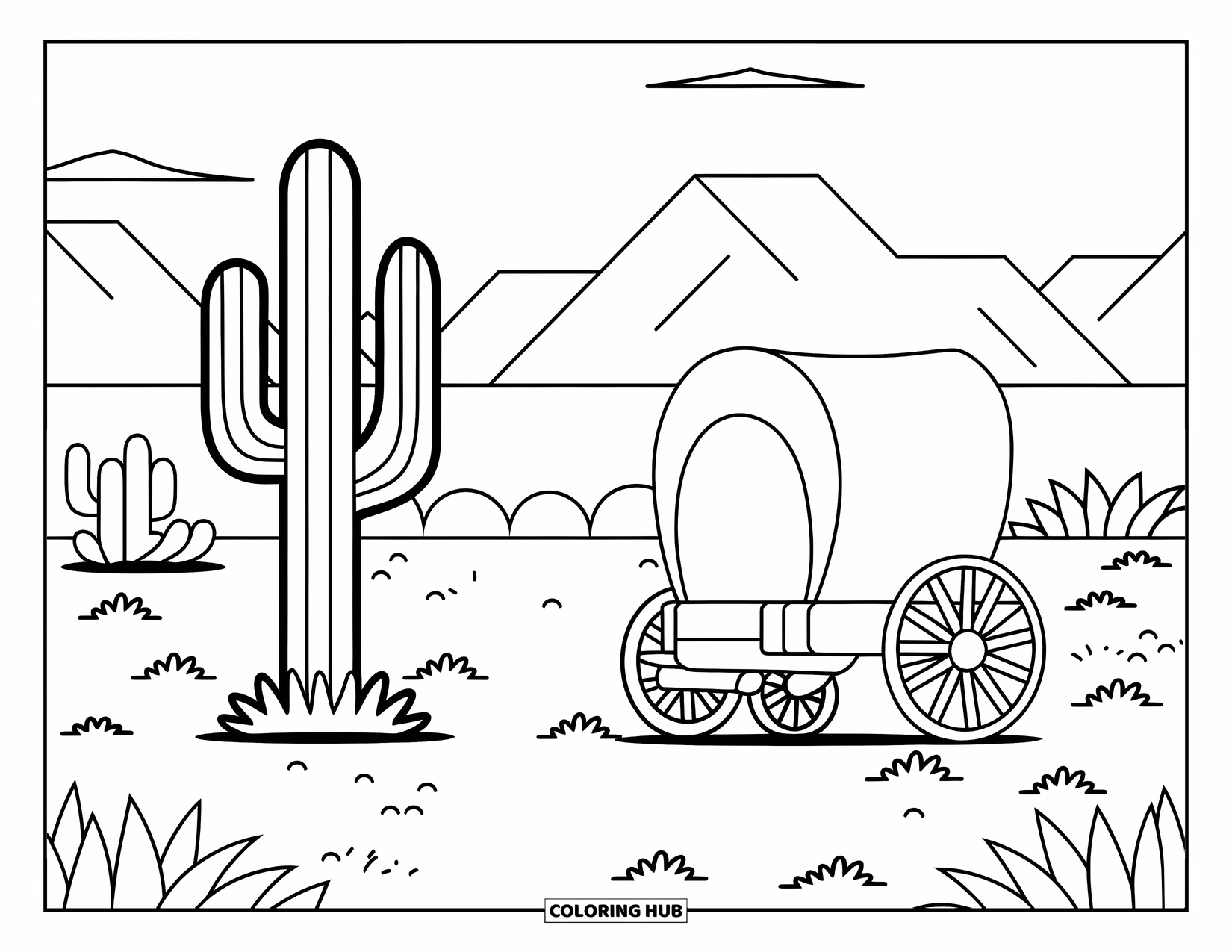 Western Country Coloring Page for Kids: A cactus and wagon wheel rest near rocky hills and a bright sky
