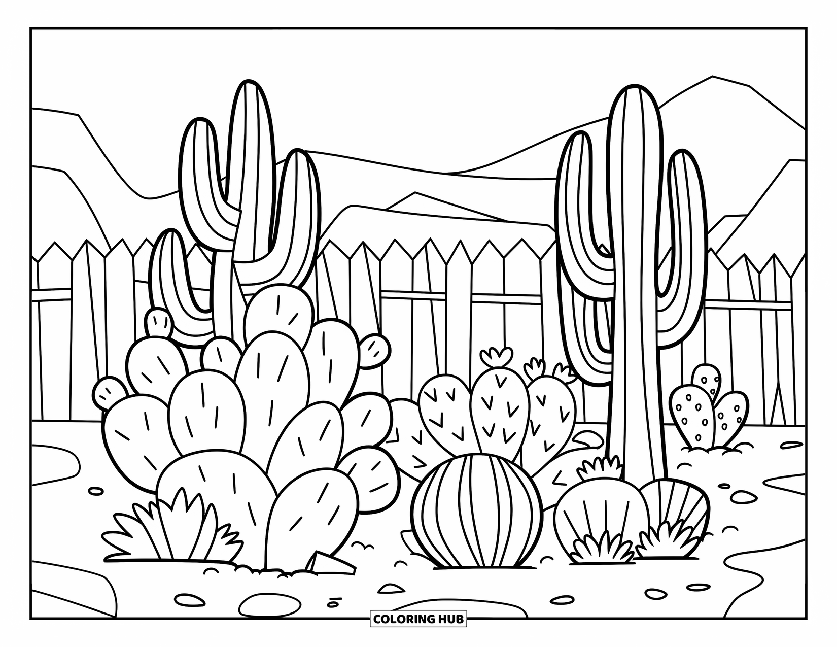 Western Country Coloring Page for Kids: A cactus garden grows behind a fence in a western landscape