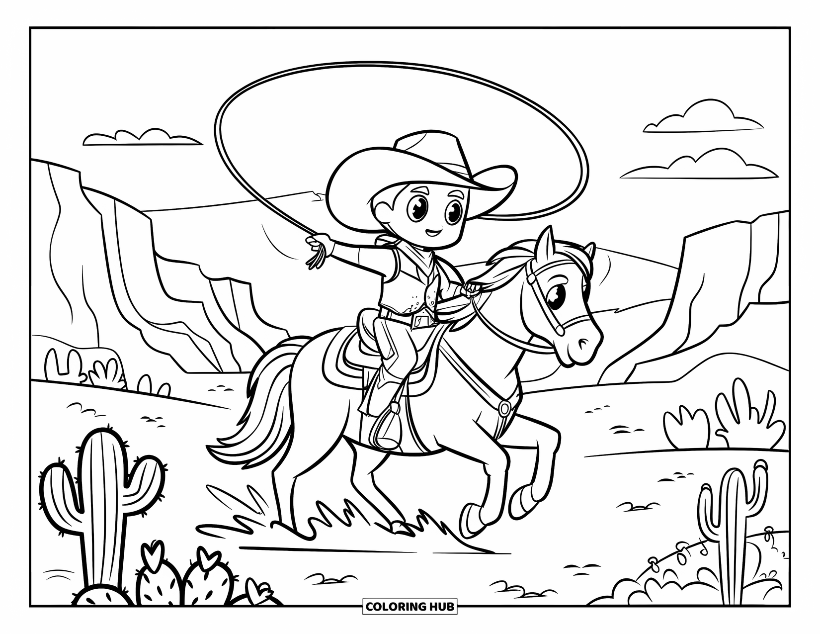 Western Country Coloring Page for Kids: A chibi cowboy rides across rocky land with mountains in the distance