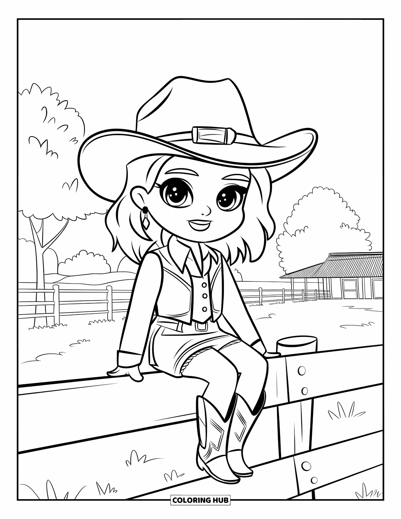 Western Country Coloring Page for Kids: A chibi cowgirl sits on a fence with trees and buildings nearby