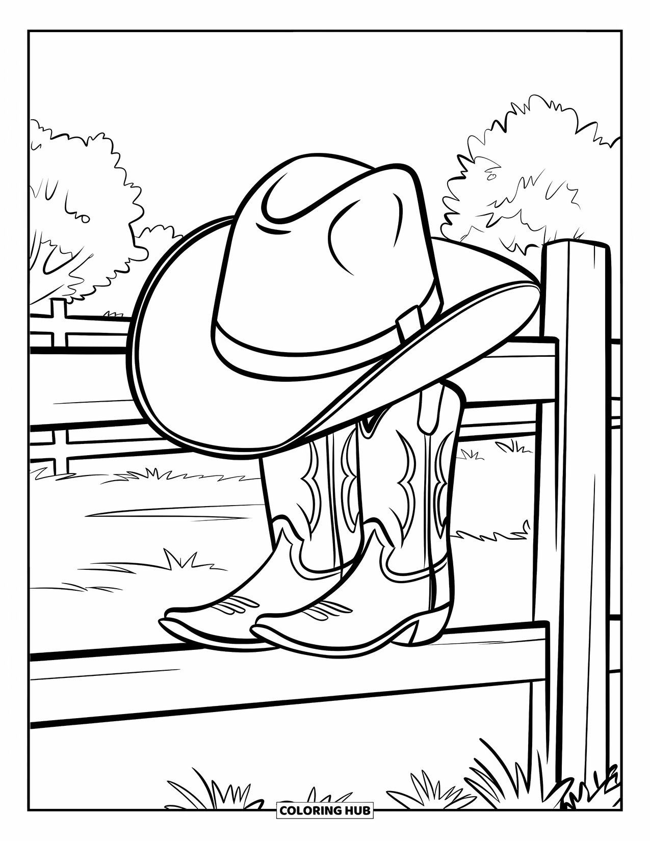 Western Country Coloring Page for Kids: A cowboy hat and boots rest on a wooden fence under the open sky