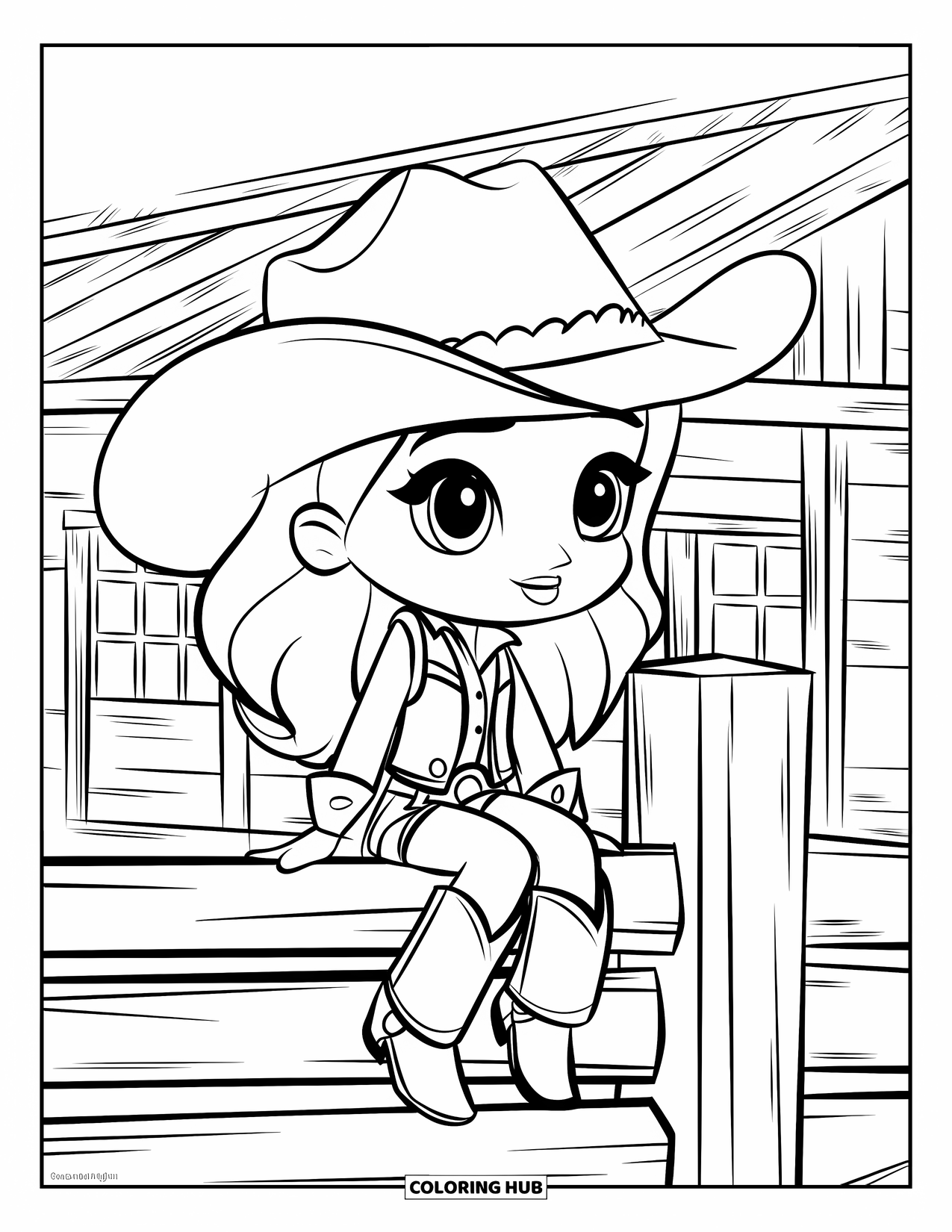 Western Country Coloring Page for Kids: A cowgirl in a vest rests on a wooden post near a rustic shack