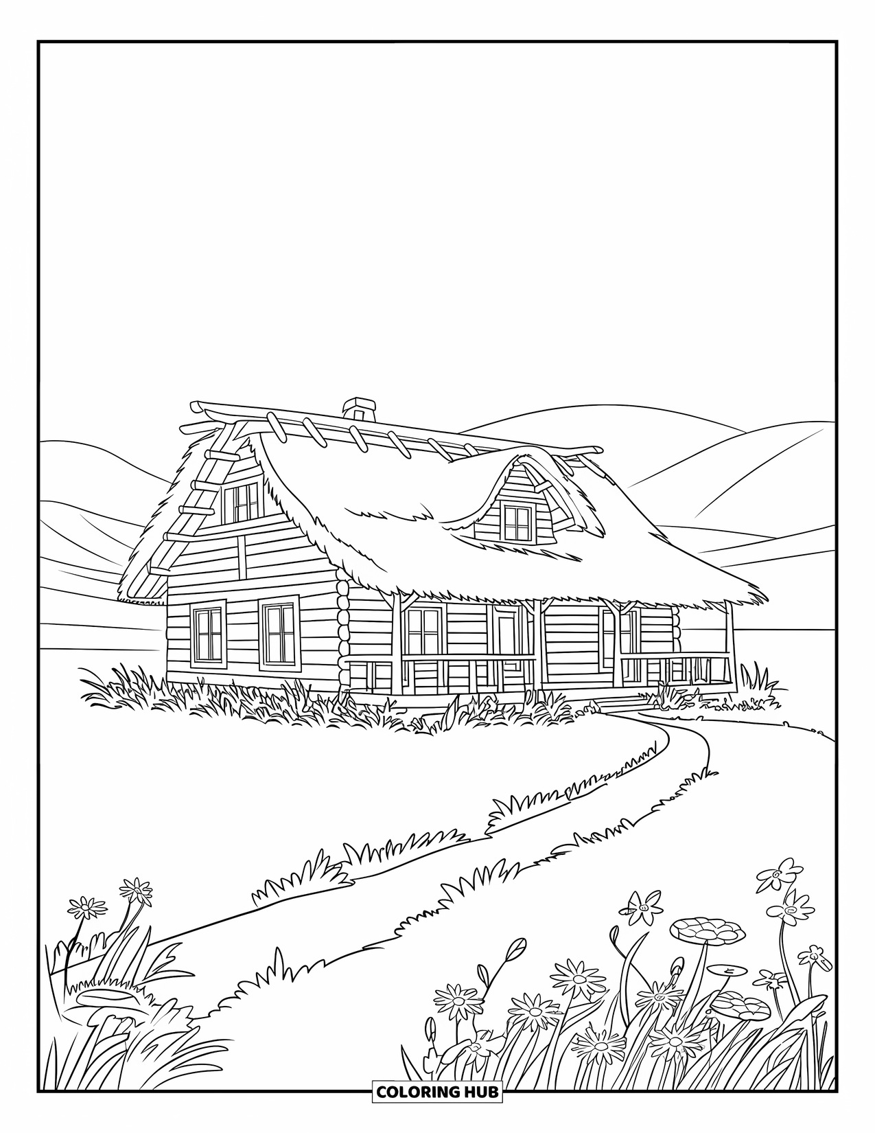 Western Country Coloring Page for Kids: A cozy wooden ranch house sits near flowers and rolling hills