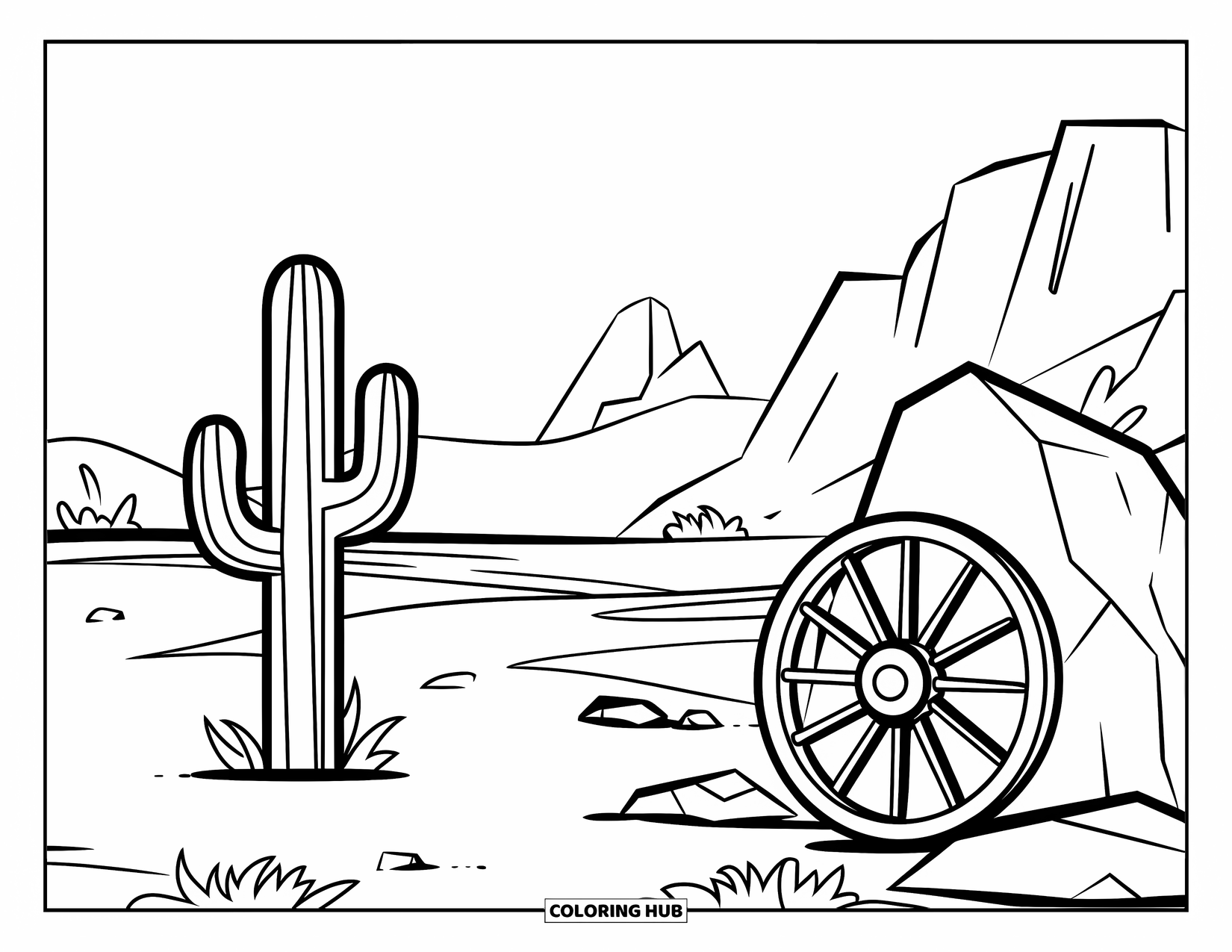 Western Country Coloring Page for Kids: A flat desert holds a cactus and wagon wheel against mountain views