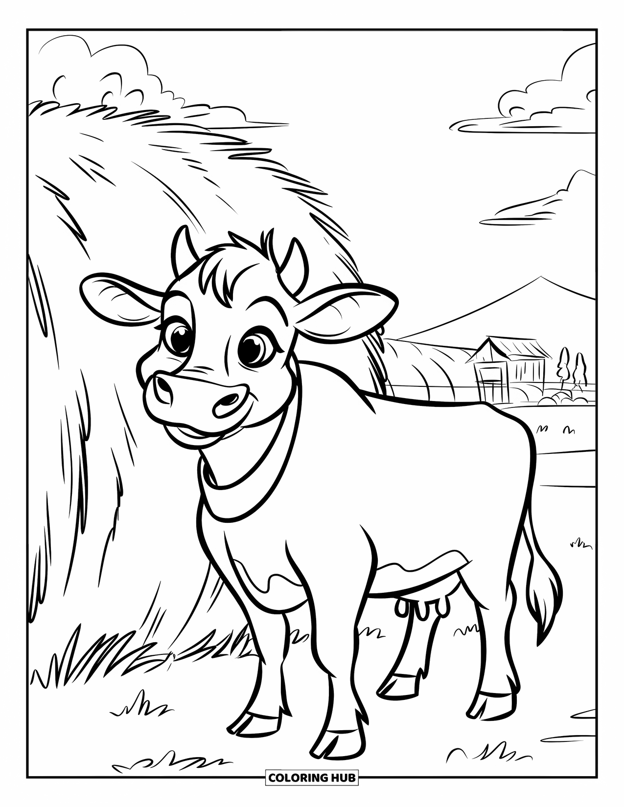 Western Country Coloring Page for Kids: A friendly cow with a bell stands by hay and trees in the sun