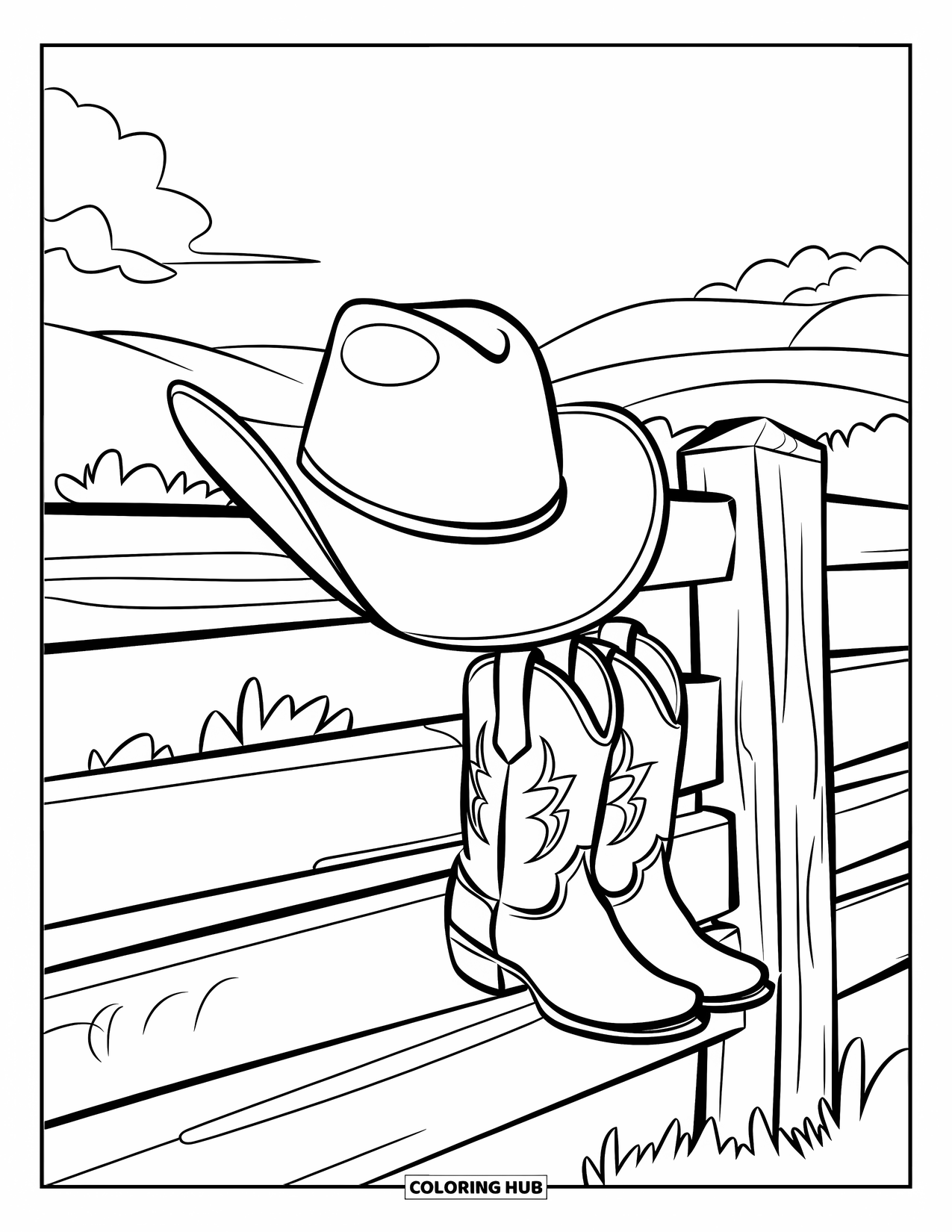Western Country Coloring Page for Kids: A hat and boots hang on a fence near hills and clouds