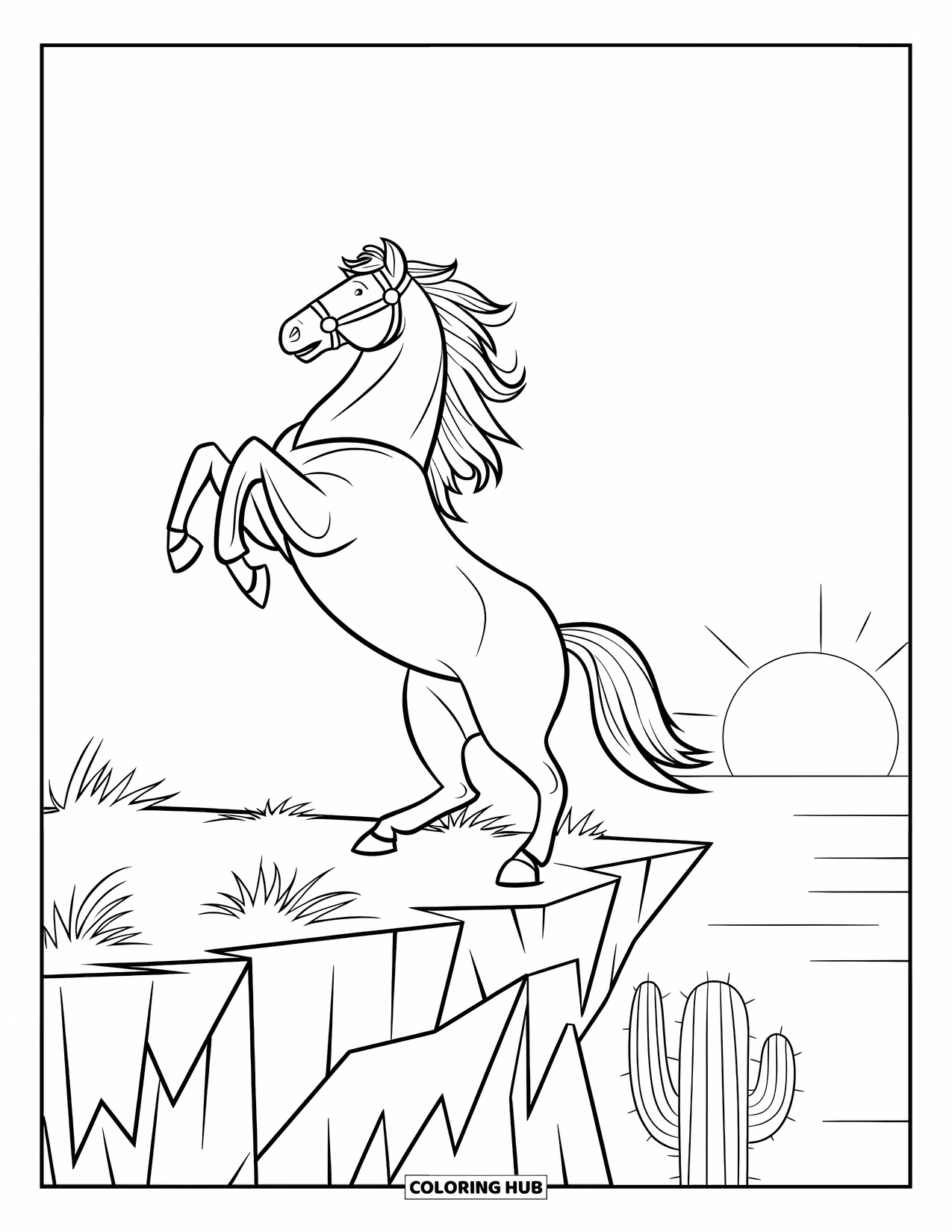 Western Country Coloring Page for Kids: A horse rears by a cactus as the sun sets in the background