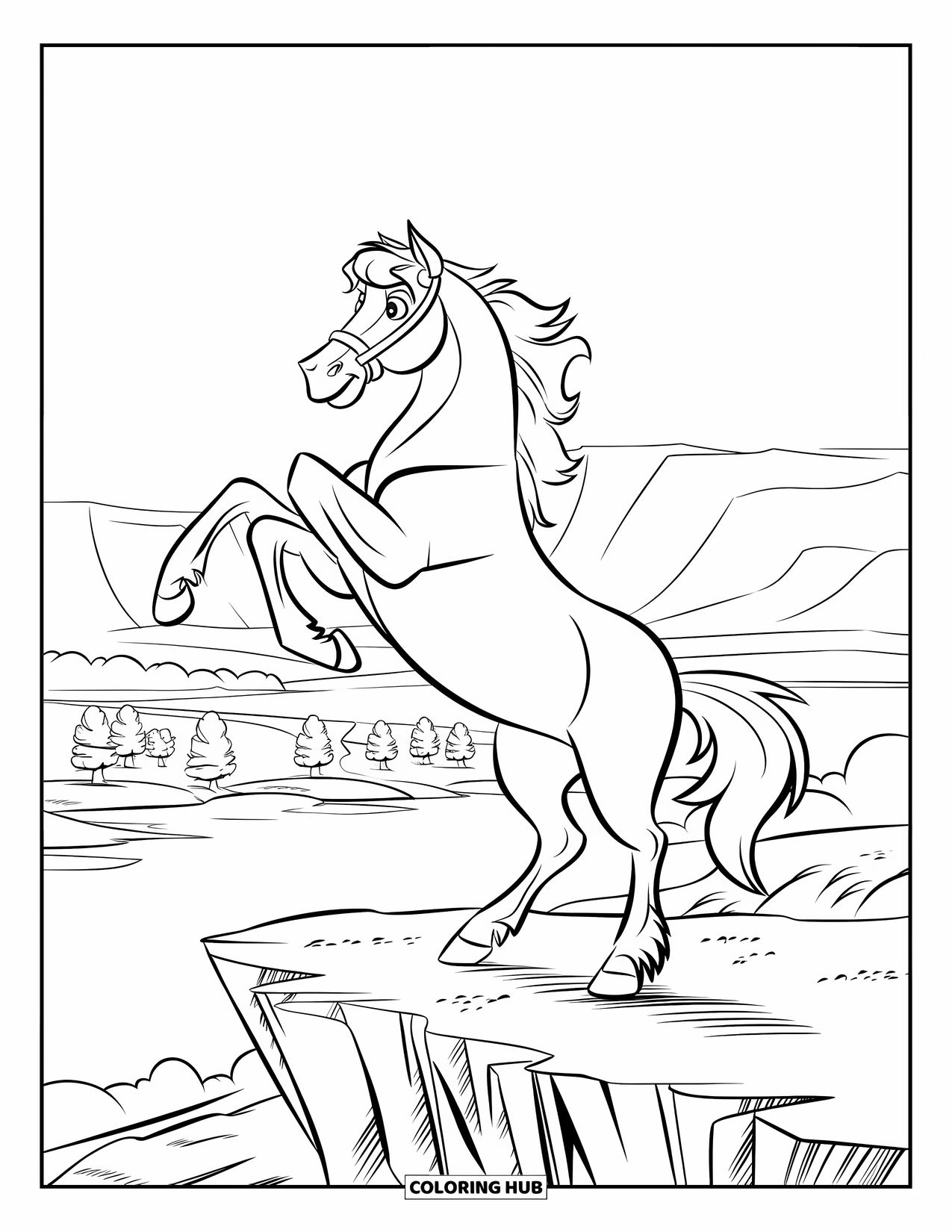 Western Country Coloring Page for Kids: A horse rears up proudly on a cliff with trees and mountains behind