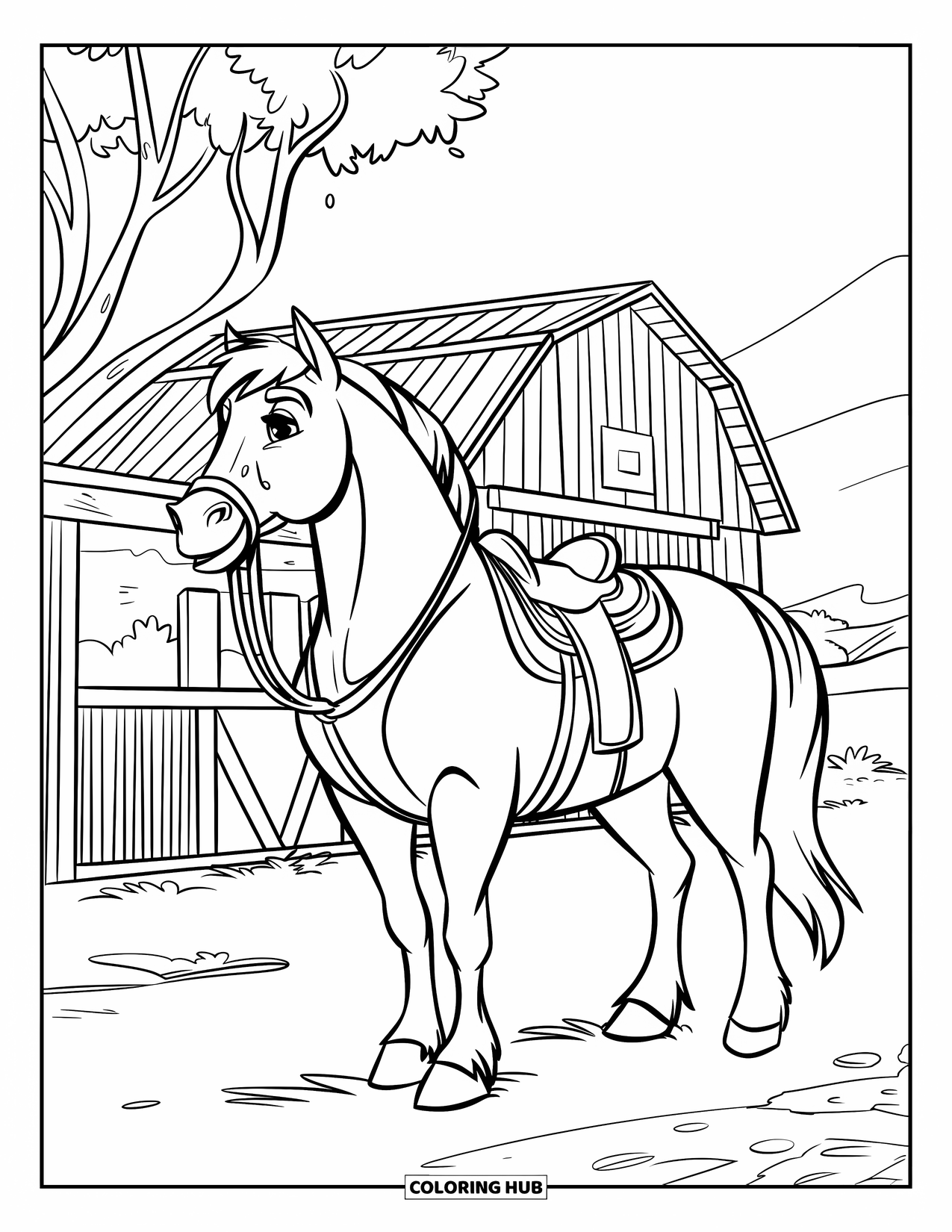 Western Country Coloring Page for Kids: A horse with a saddle stands near a barn and trees