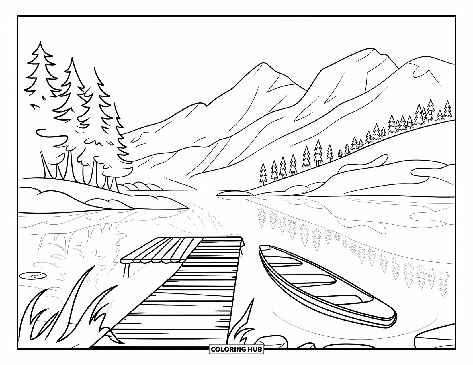 Western Country Coloring Page for Kids: A peaceful lake with a dock and rowboat sits among tall pine trees