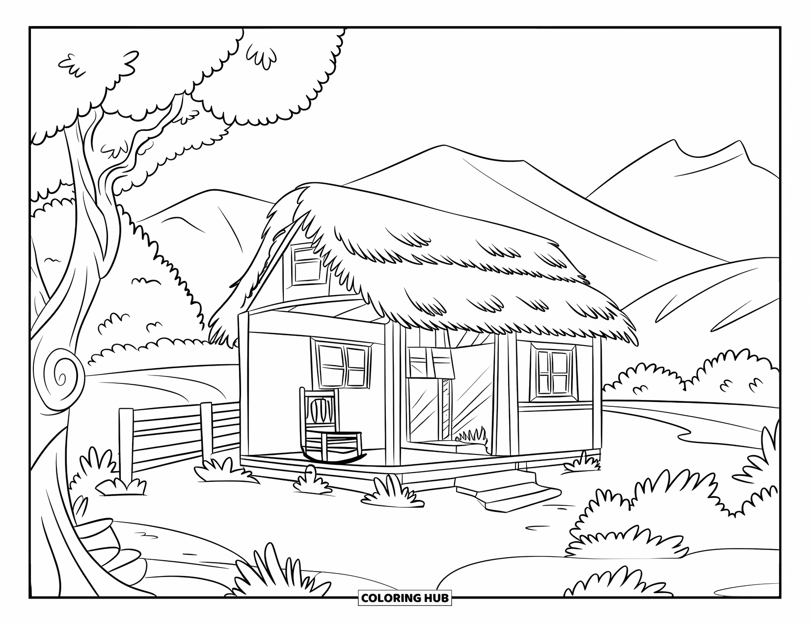 Western Country Coloring Page for Kids: A small cabin with a rocking chair rests in green western hills