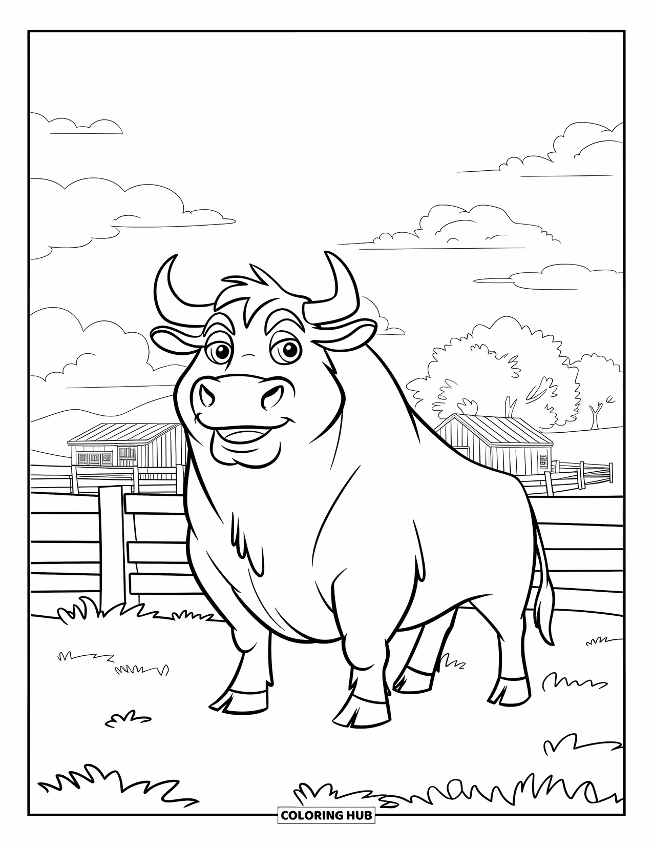 Western Country Coloring Page for Kids: A smiling bull stands by the fence with buildings in the background