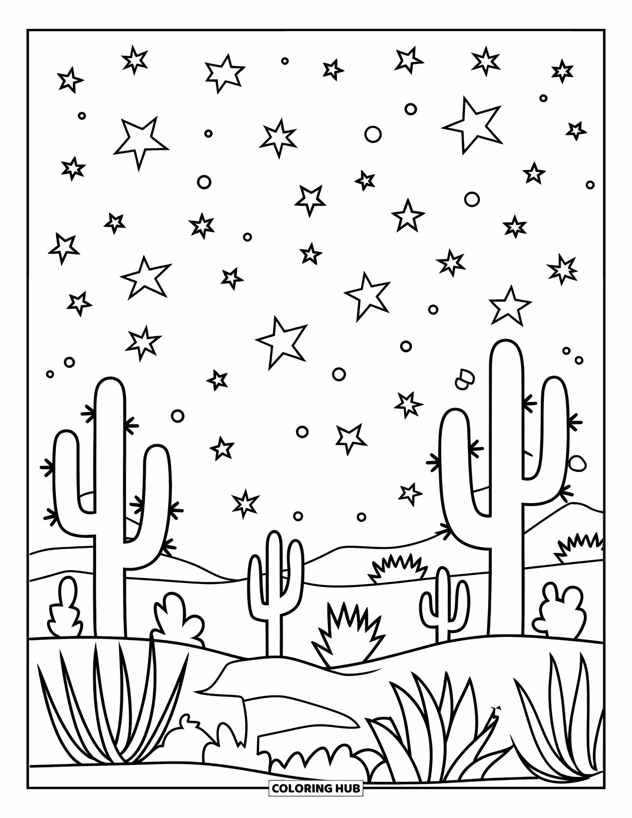 Western Country Coloring Page for Kids: Cacti and stars fill the desert under a wide open sky