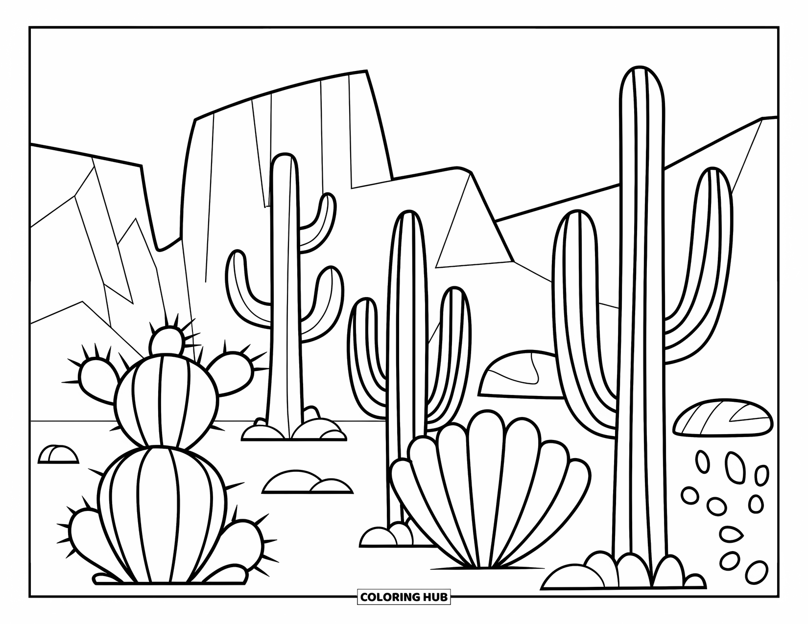 Western Country Coloring Page for Kids: Tall and round cacti grow in sandy soil with rocks and sand