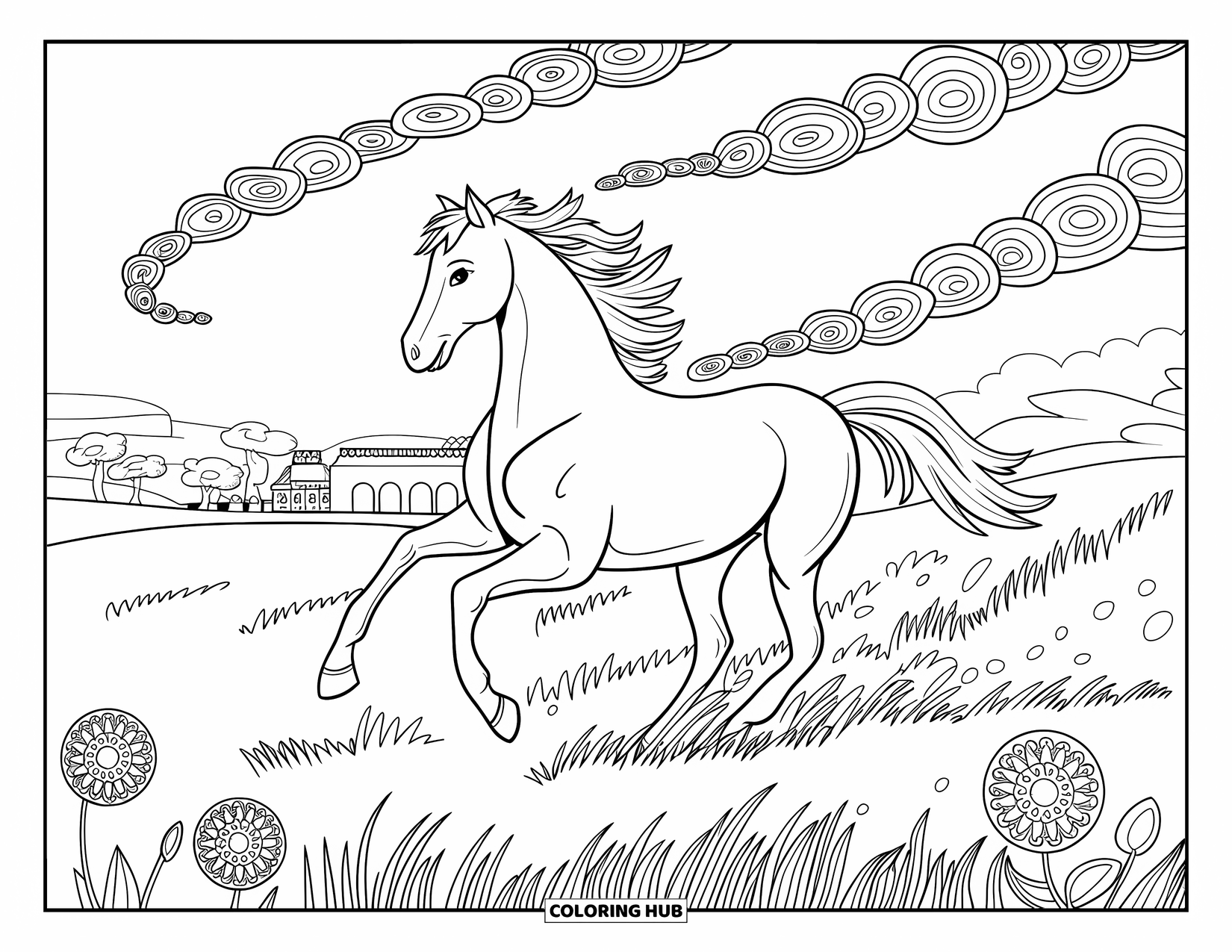 Western Horse Coloring Page for Adults: Galloping horse with floral embellishments and a village in the distance