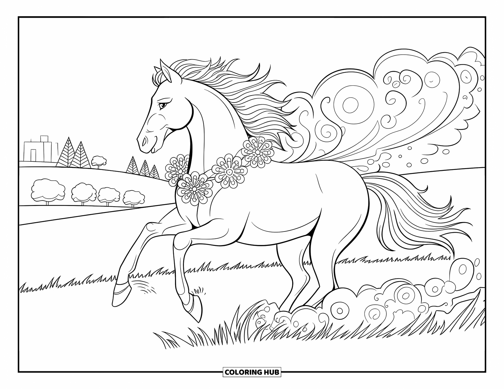 Western Horse Coloring Page for Adults: Horse galloping through a grassy field with mandala dust clouds