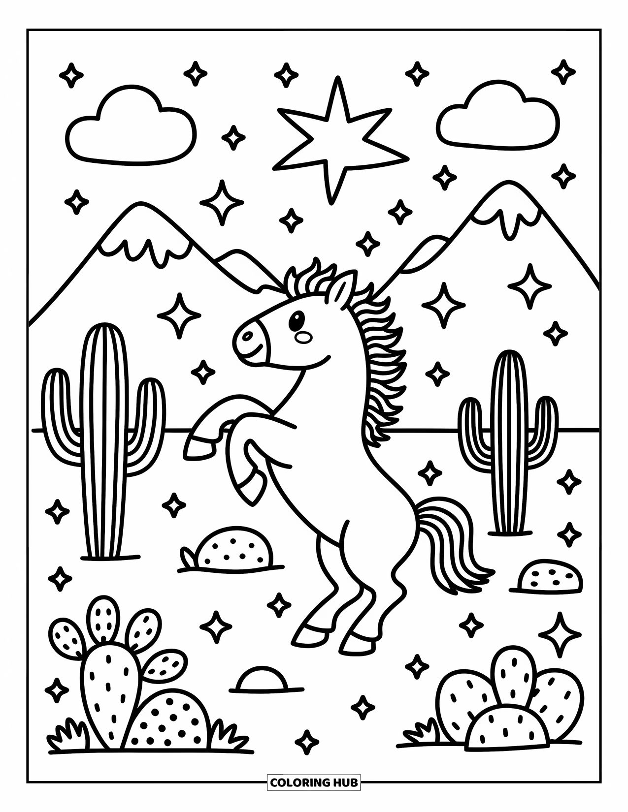 Western Horse Coloring Page for Adults: Horse rearing playfully near cacti and a rocky desert