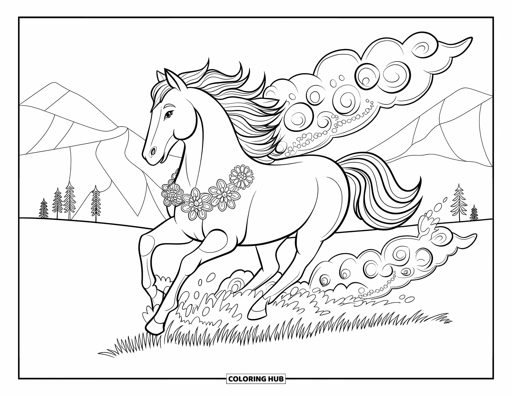 Western Horse Coloring Page for Adults: Horse running across a field with mandala swirls and mountains behind