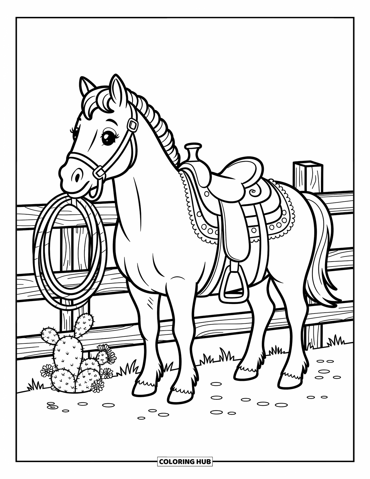 Western Horse Coloring Page for Adults: Horse saddled beside a wooden fence with flowers and a cactus