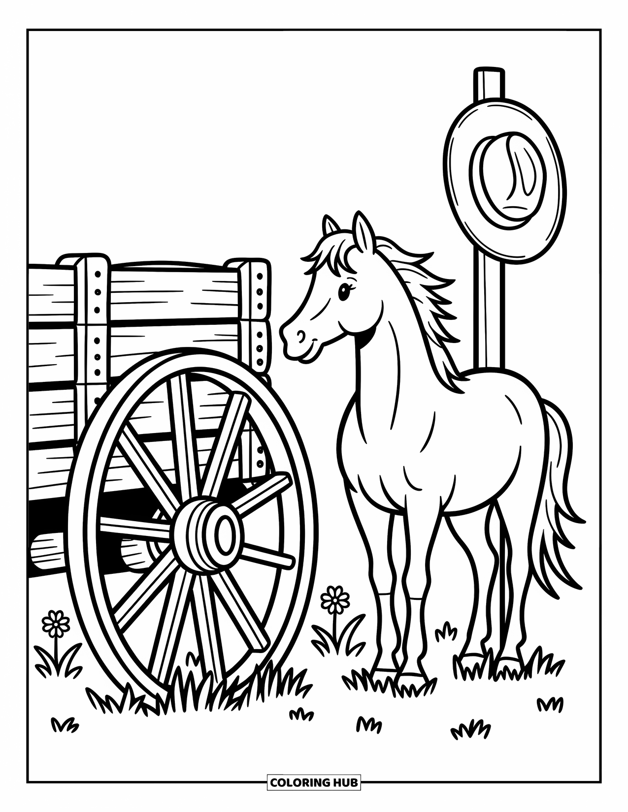 Western Horse Coloring Page for Adults: Horse standing beside a wagon wheel and post with a cowboy hat