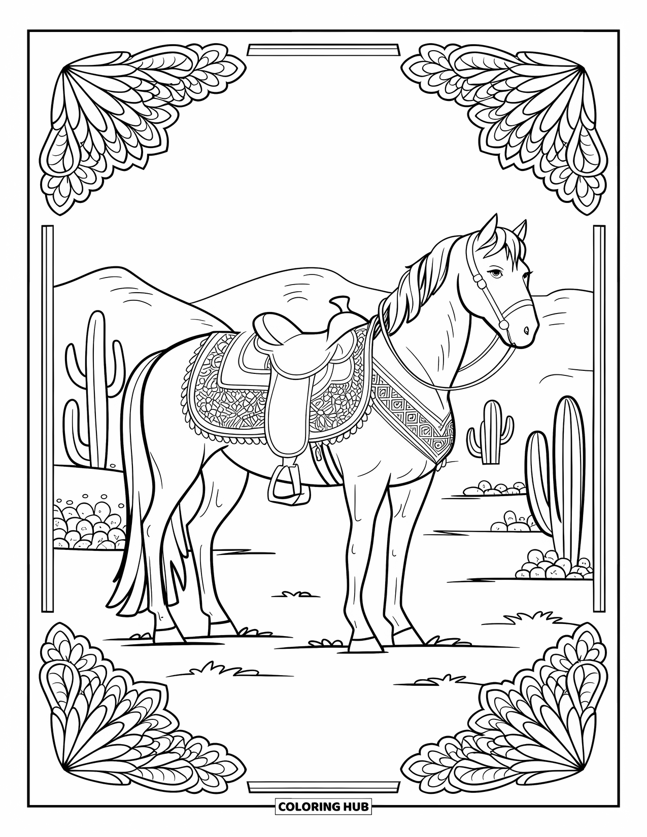 Western Horse Coloring Page for Adults: Horse with mandala-style saddle framed by flowers in a desert scene