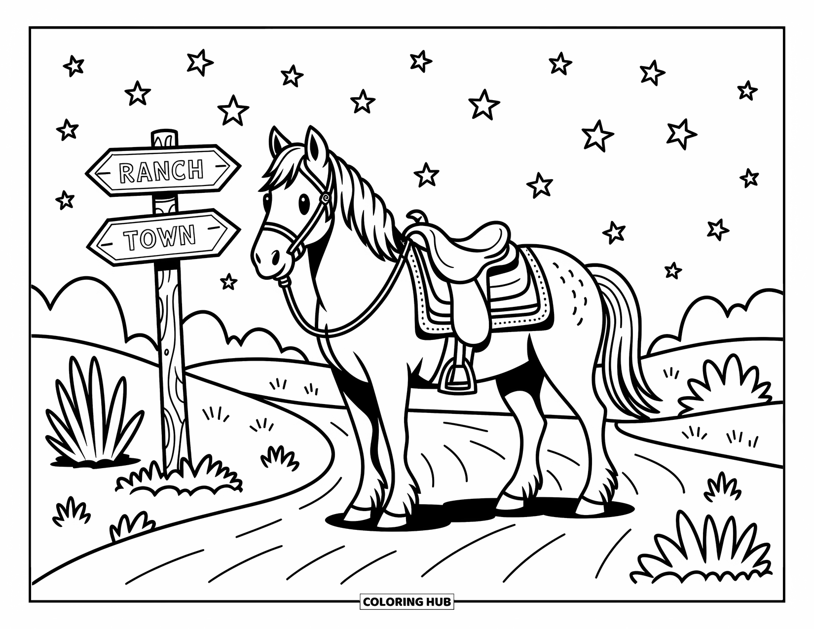 Western Horse Coloring Page for Adults: Horse with saddle and blanket beside a sign pointing to ranch and town