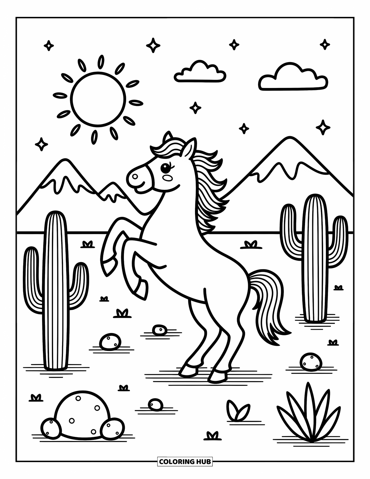 Western Horse Coloring Page for Adults: Playful horse rearing with cacti and a distant mountain range