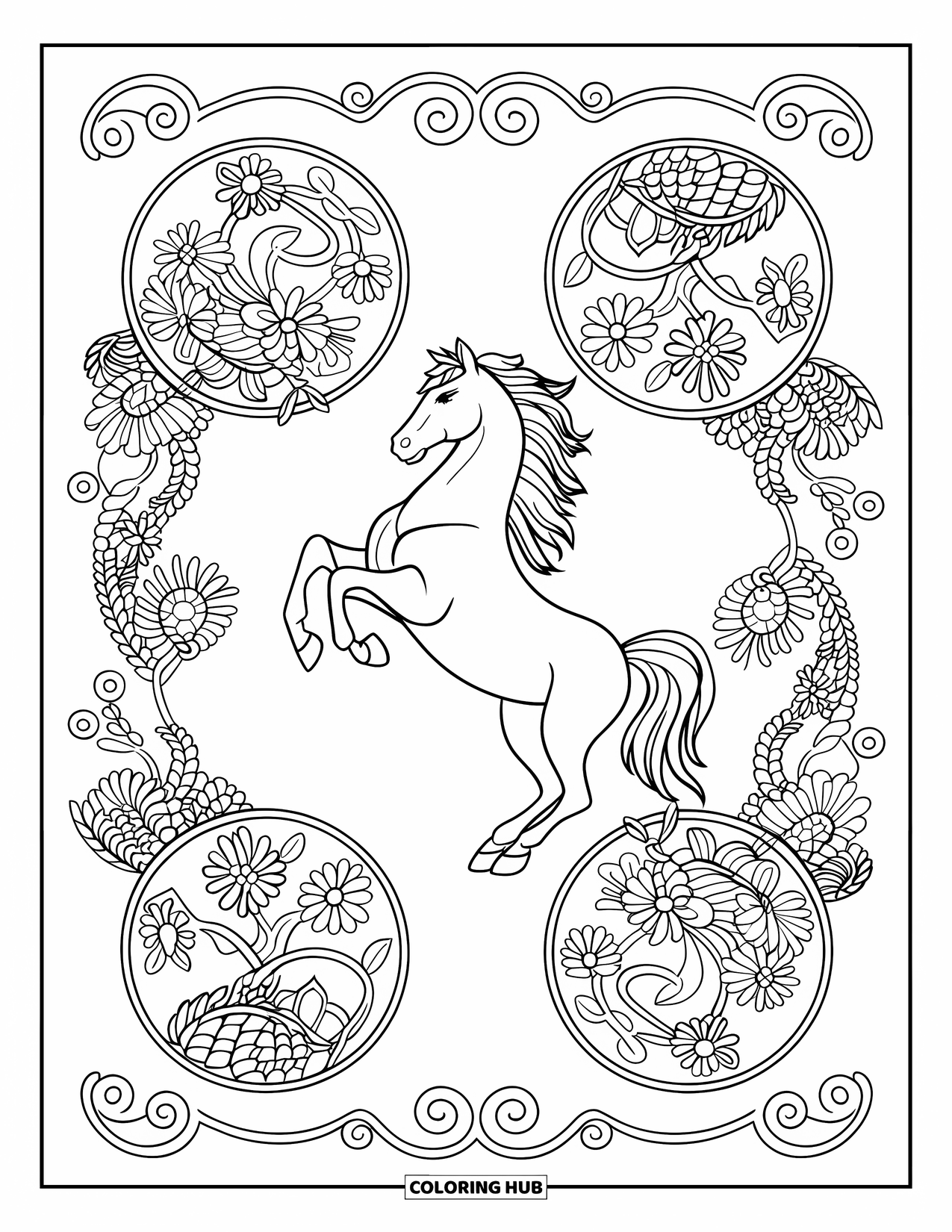 Western Horse Coloring Page for Adults: Rearing horse in the center with circular floral mandalas around