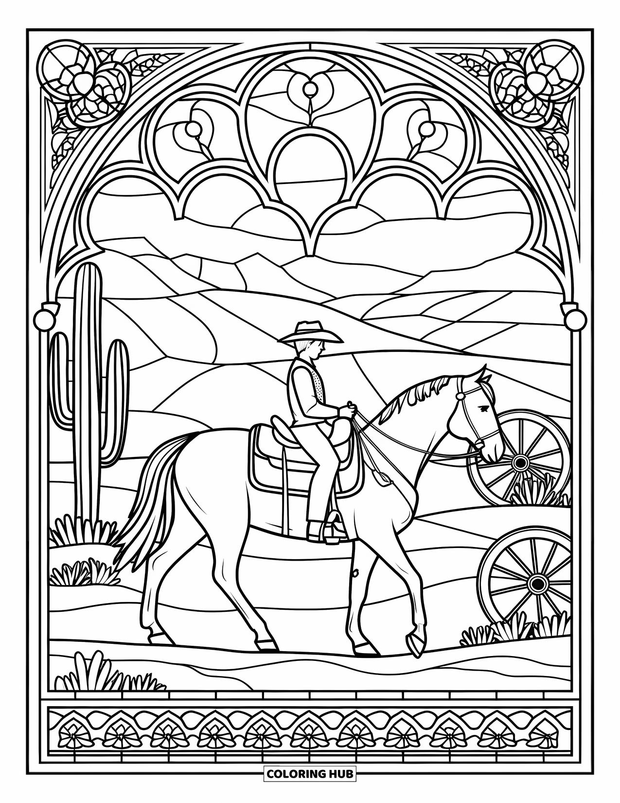 Western Horse Coloring Page for Adults: Saddled horse with rider in a stained-glass desert scene