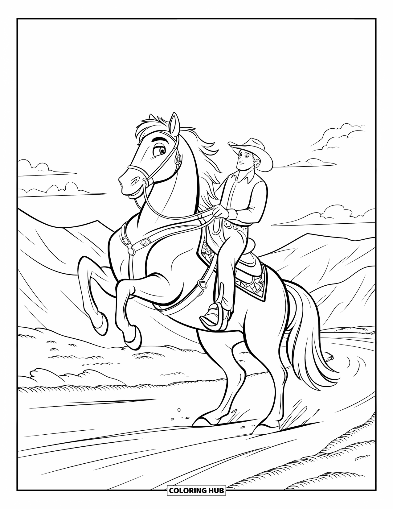 Western Horse Coloring Page for Kids: Cowboy riding a rearing horse on a dusty mountain trail