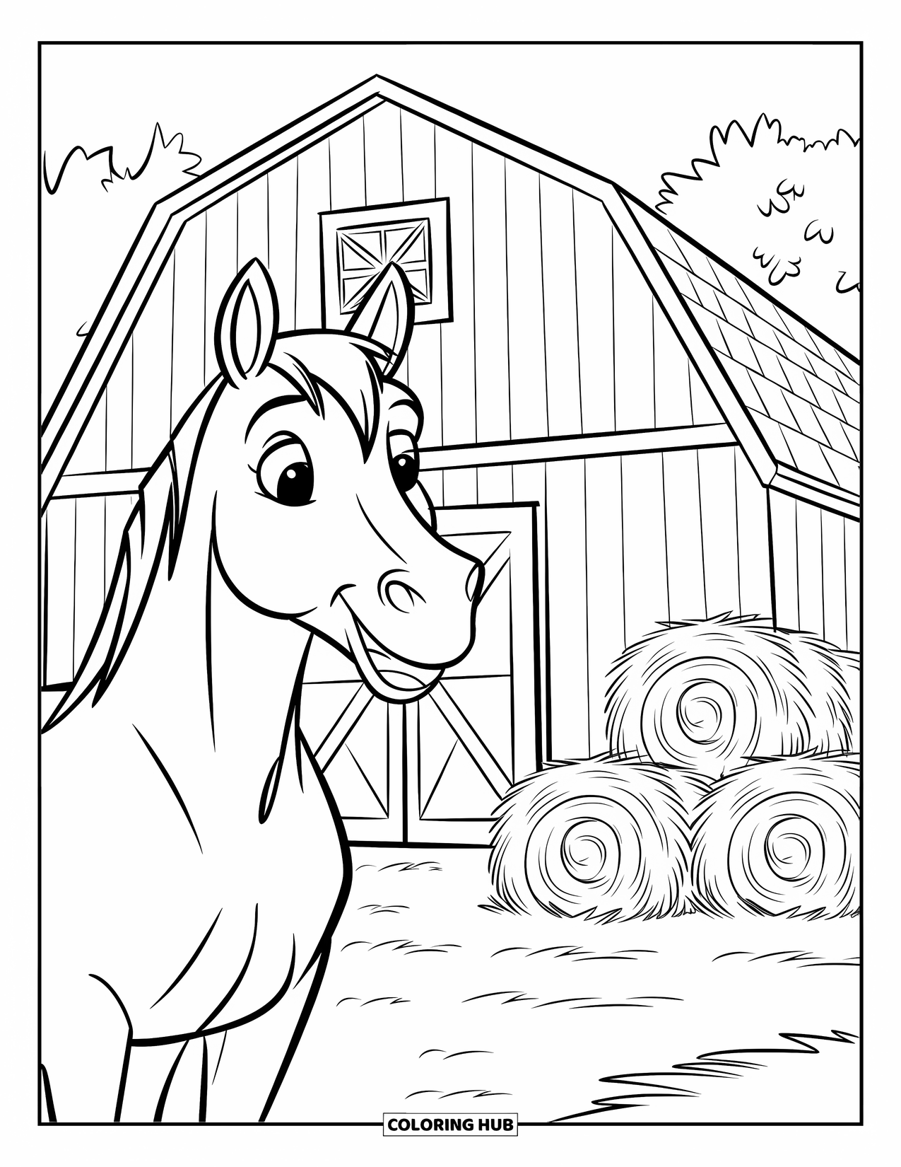 Western Horse Coloring Page for Kids: Happy horse smiling in front of a barn with hay