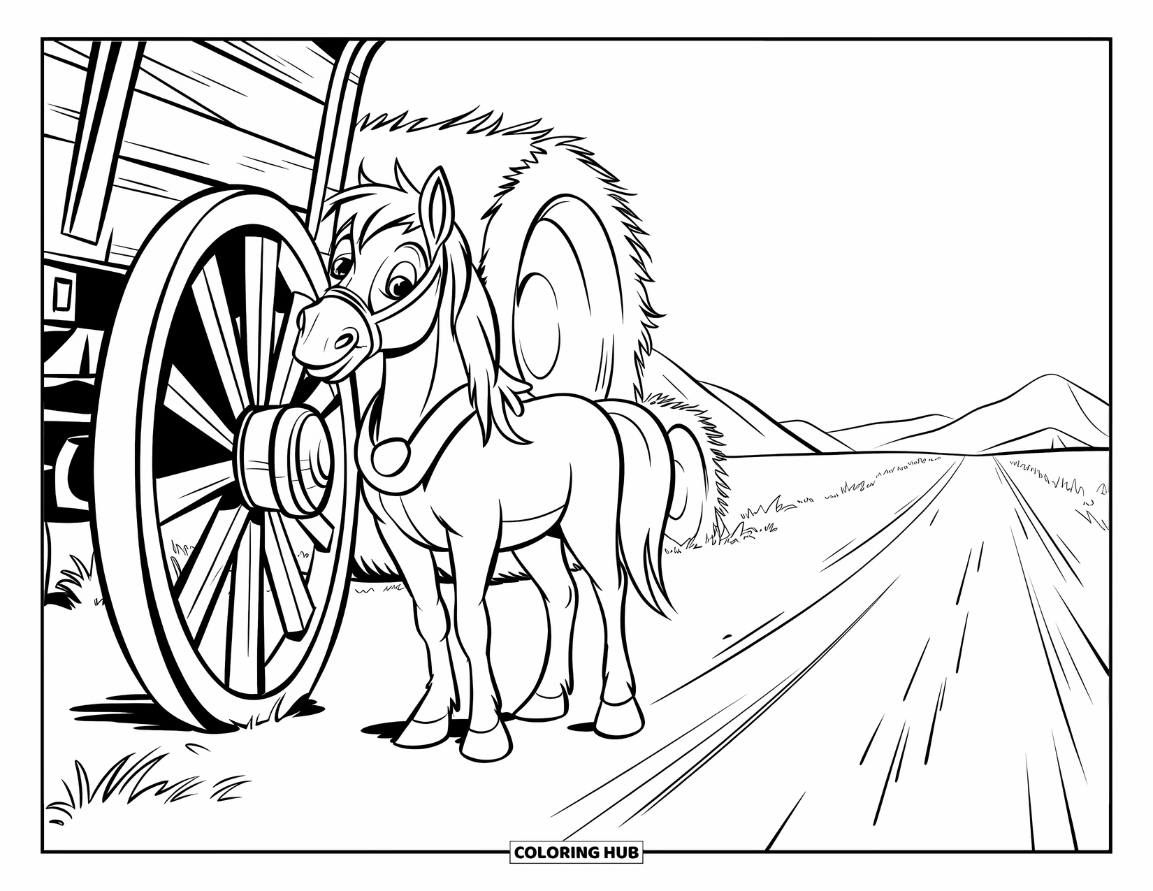 Western Horse Coloring Page for Kids: Horse by wagon wheel and hay bales on a dusty path