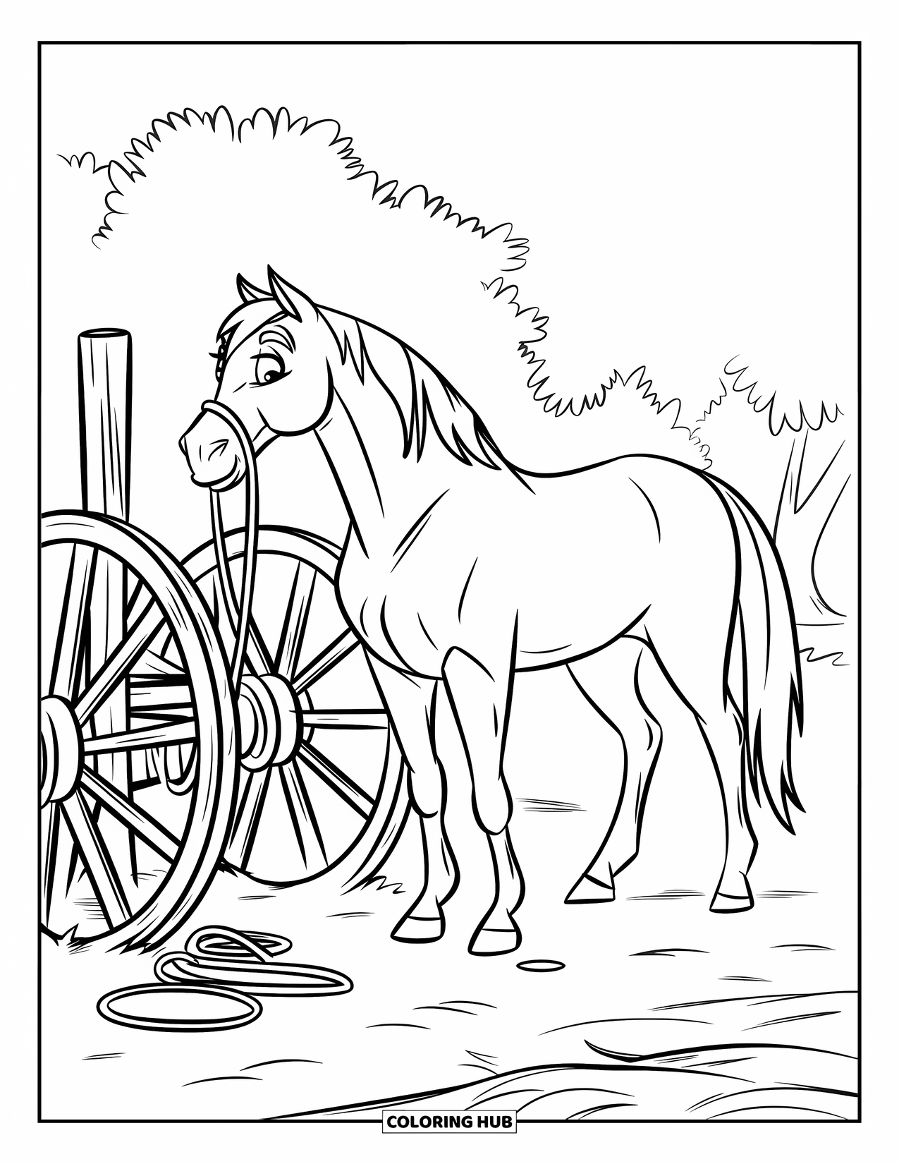 Western Horse Coloring Page for Kids: Horse by wagon wheels tied to a wooden hitching post