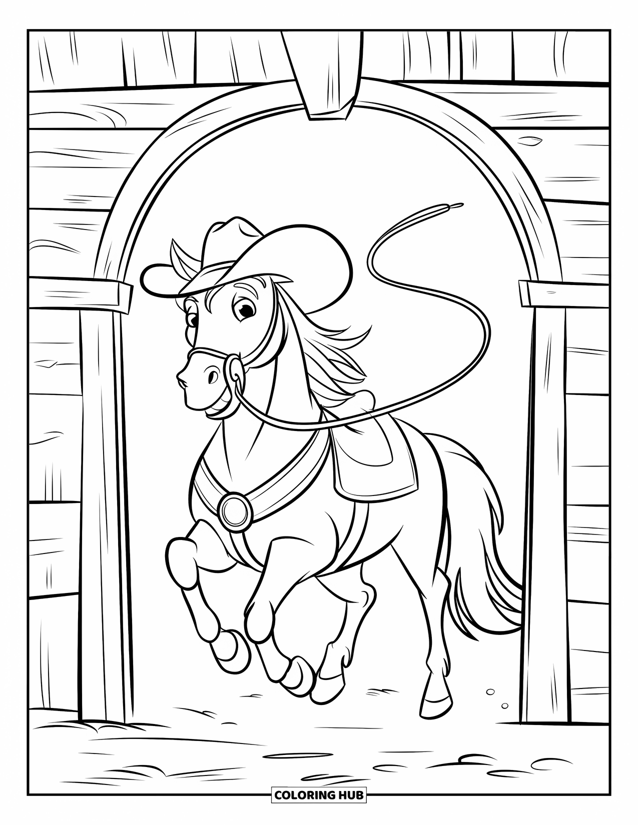 Western Horse Coloring Page for Kids: Horse in a cowboy hat passing through a simple wooden archway