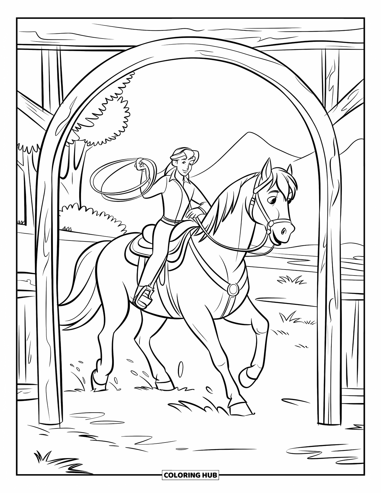 Western Horse Coloring Page for Kids: Horse passing through a wooden archway with a cowboy holding a lasso