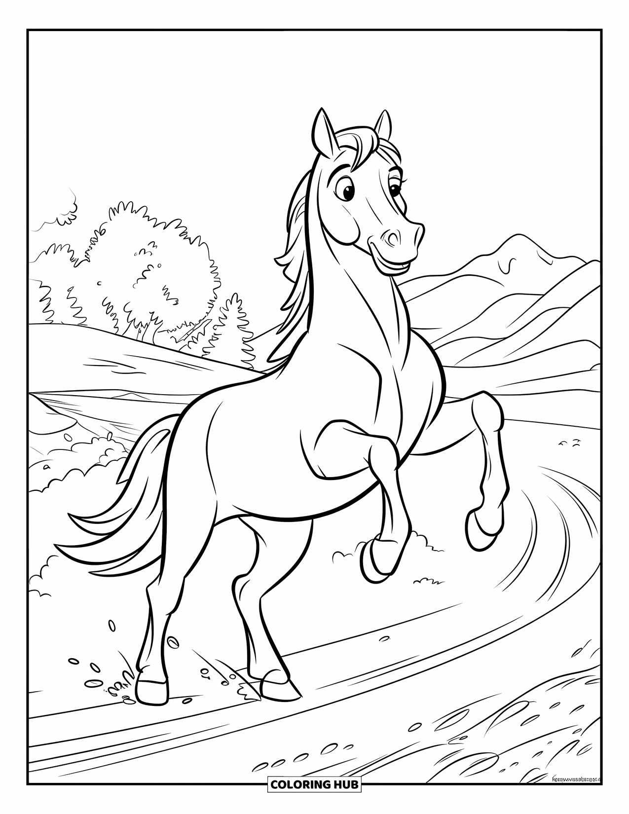 Western Horse Coloring Page for Kids: Horse rearing on a trail with dirt and mountain views